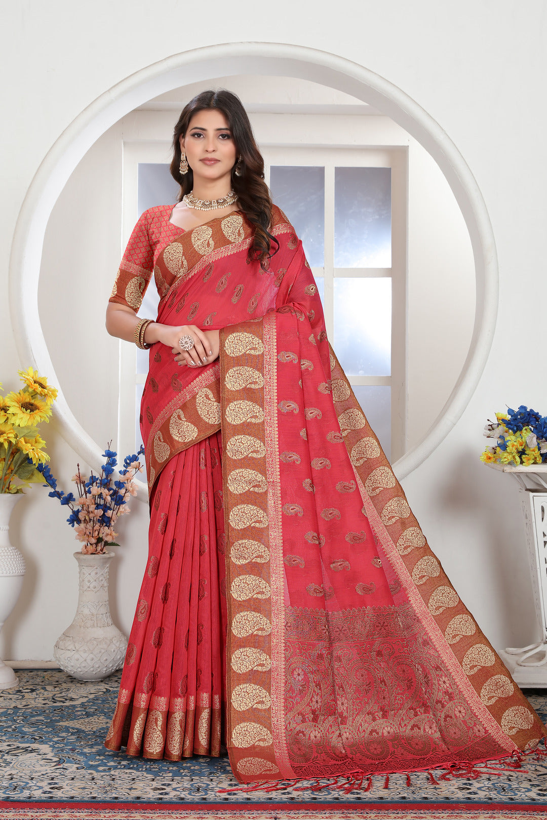 Dhiyona GR Women's Pink Zari Woven Design Chanderi Cotton Saree