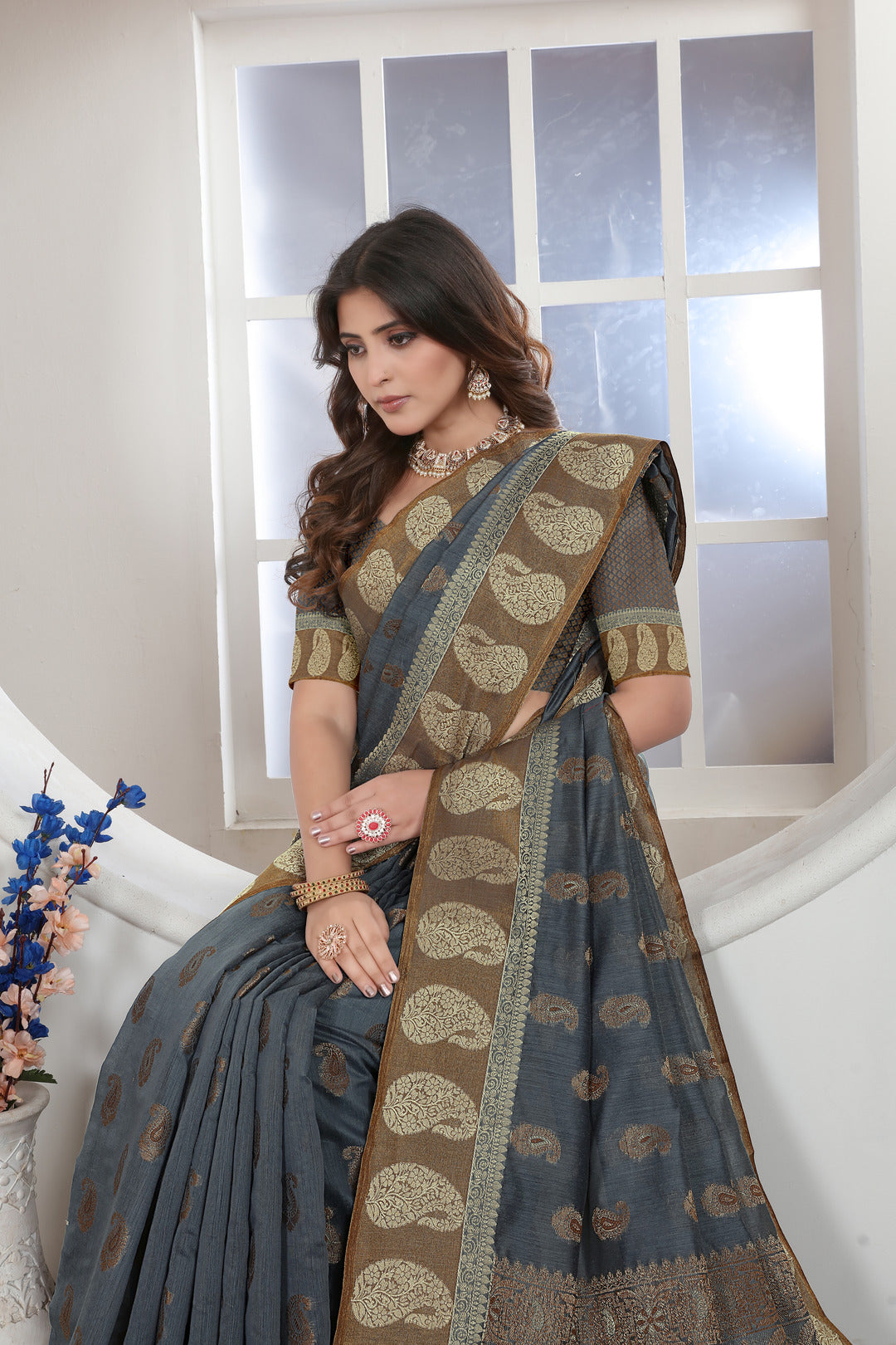 Dhiyona GR Women's Grey Zari Woven Design Chanderi Cotton Saree