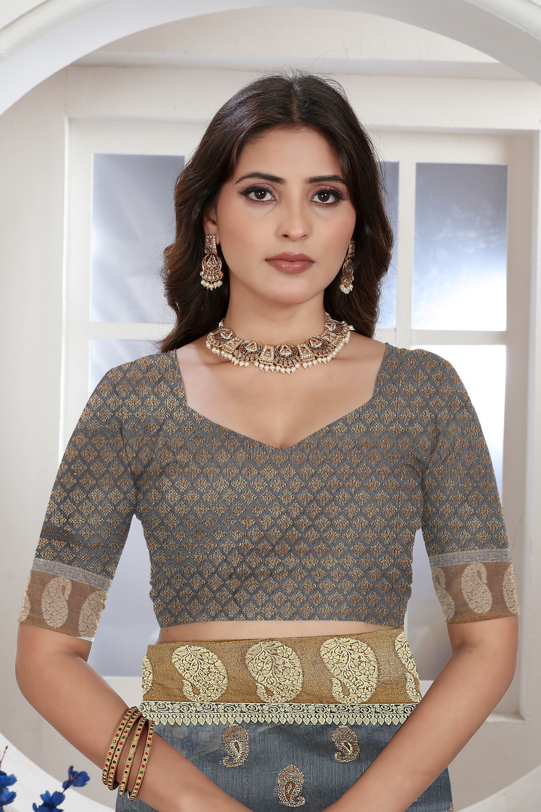 Dhiyona GR Women's Grey Zari Woven Design Chanderi Cotton Saree
