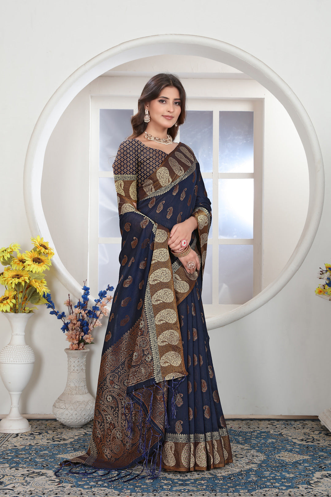 Dhiyona GR Women's Navy Blue Zari Woven Design Chanderi Cotton Saree