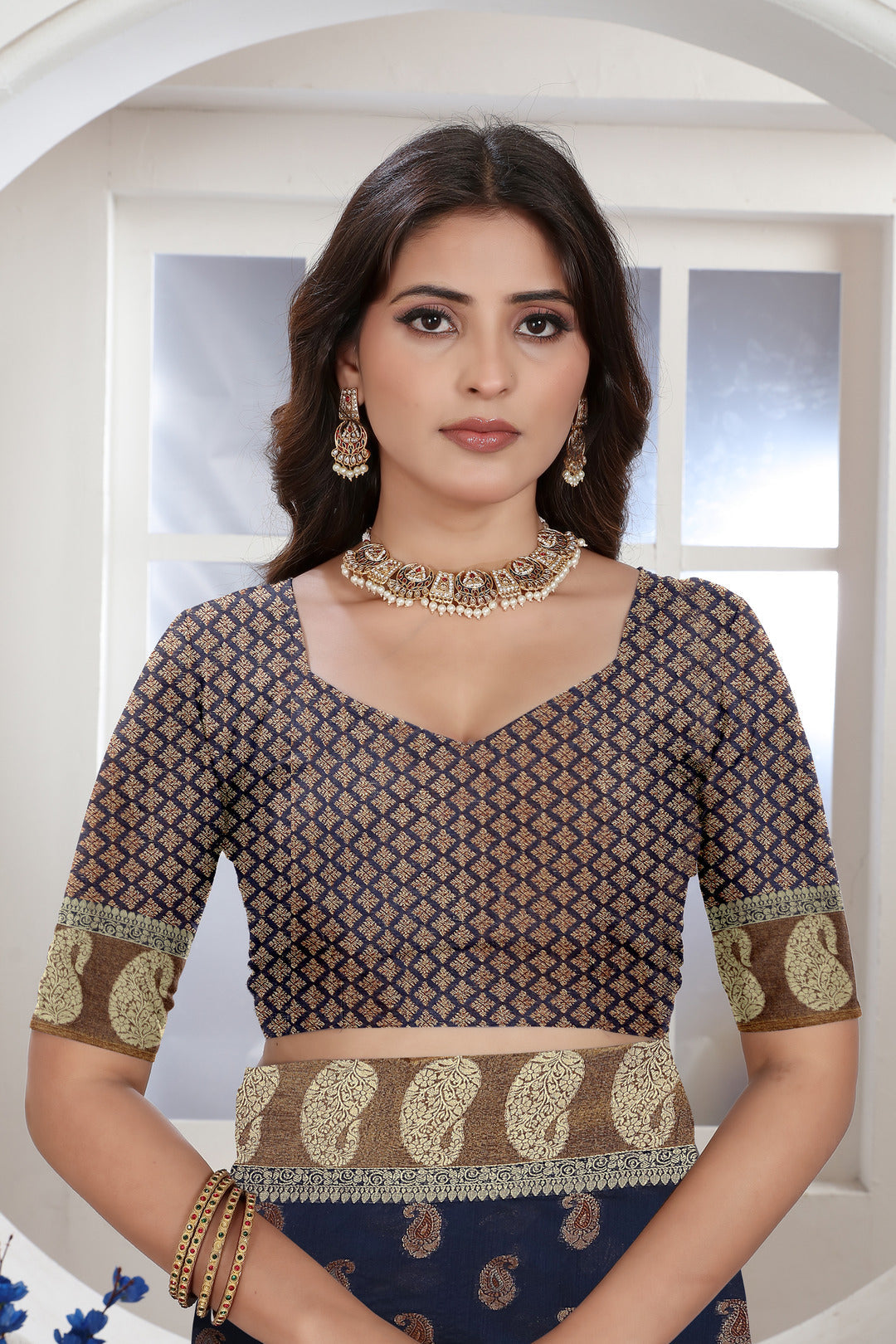 Dhiyona GR Women's Navy Blue Zari Woven Design Chanderi Cotton Saree