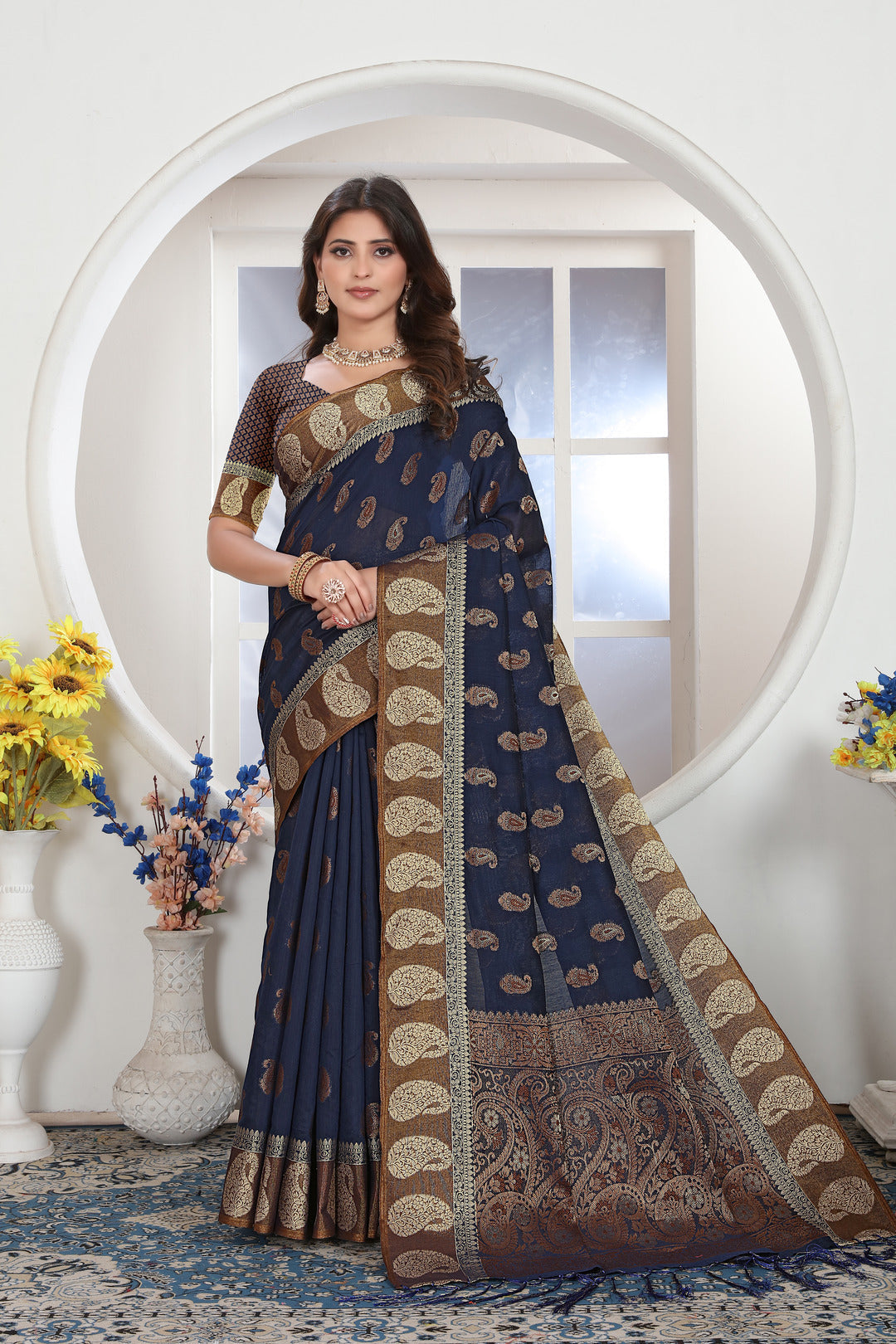 Dhiyona GR Women's Navy Blue Zari Woven Design Chanderi Cotton Saree