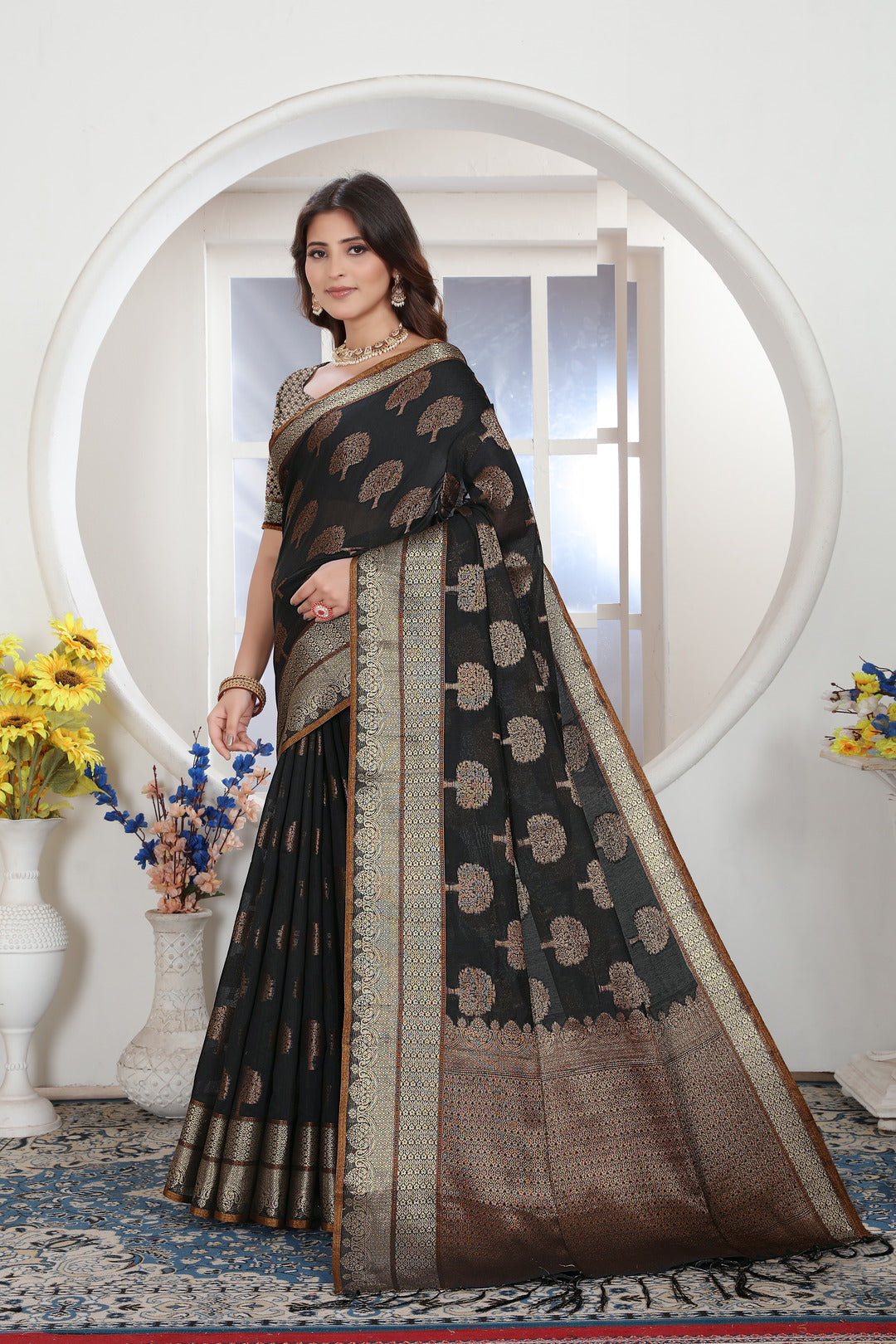 Dhiyona GR Women's Black Zari Woven Design Chanderi Cotton Saree