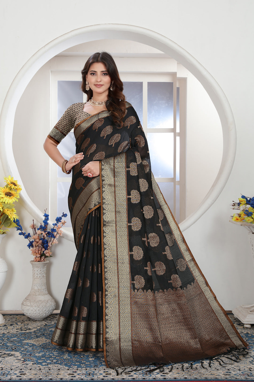 Dhiyona GR Women's Black Zari Woven Design Chanderi Cotton Saree