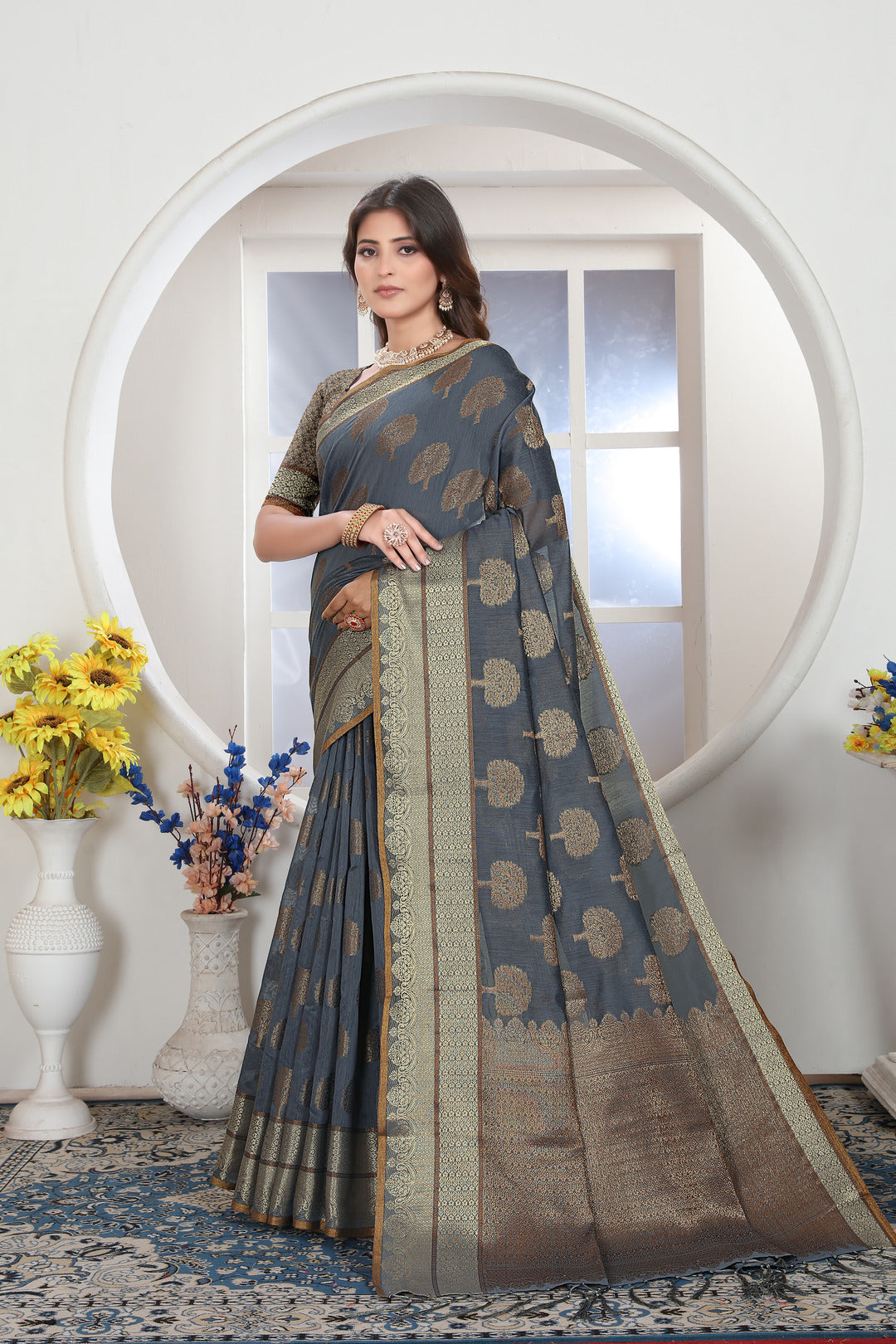 Dhiyona GR Women's Grey Zari Woven Design Chanderi Cotton Saree