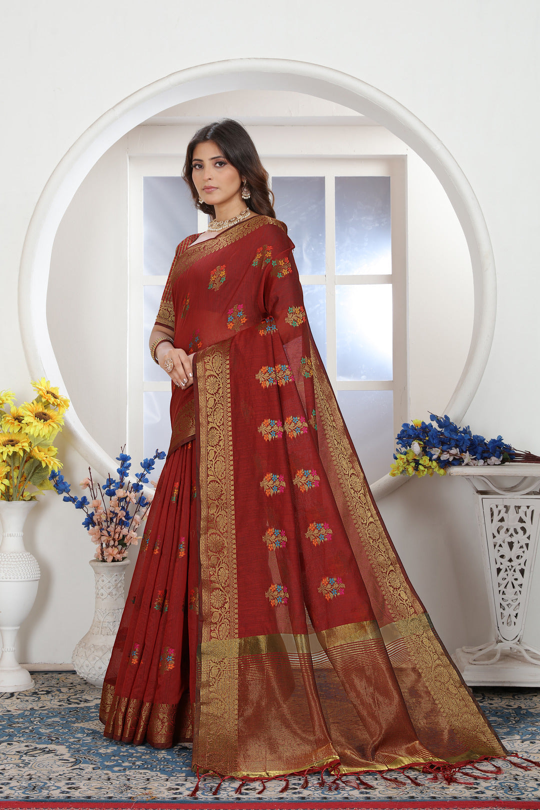 Dhiyona GR Women's Maroon Zari Woven Design Chanderi Cotton Saree
