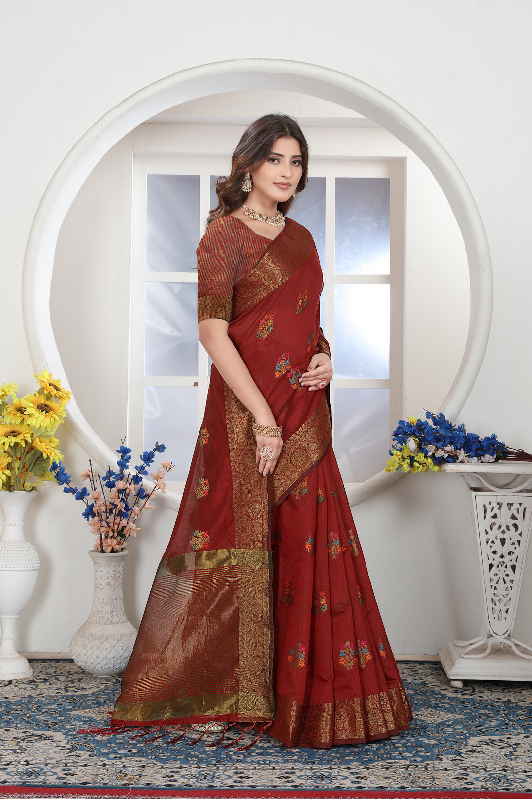 Dhiyona GR Women's Maroon Zari Woven Design Chanderi Cotton Saree