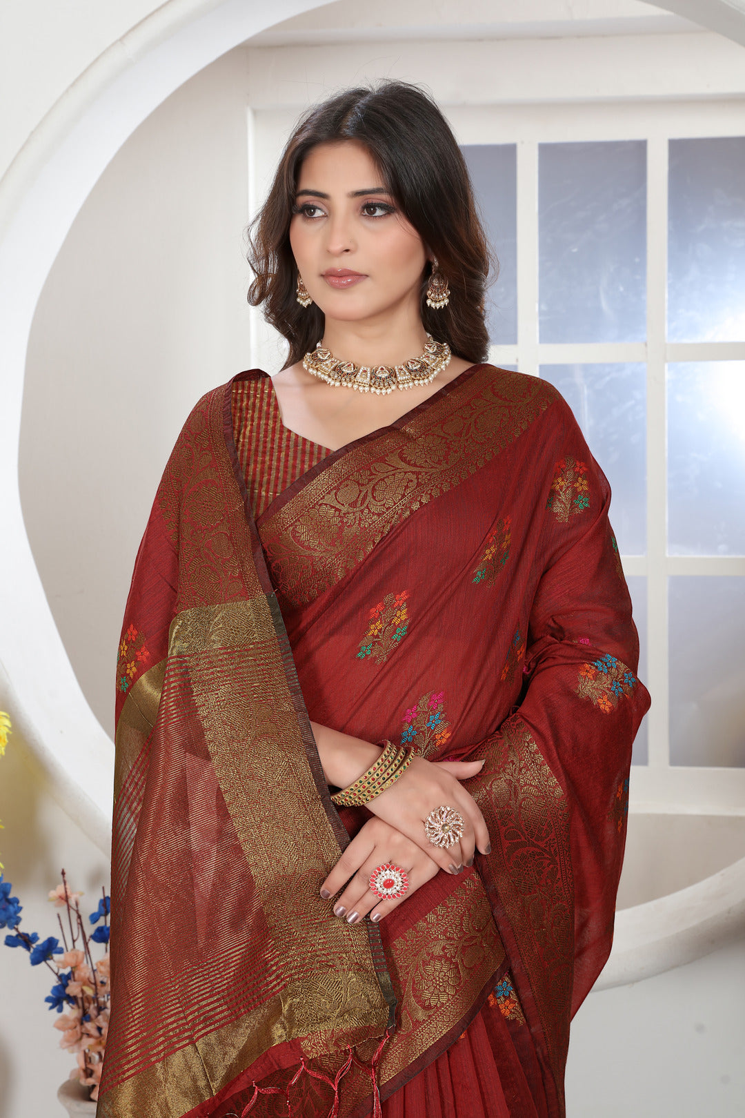 Dhiyona GR Women's Maroon Zari Woven Design Chanderi Cotton Saree