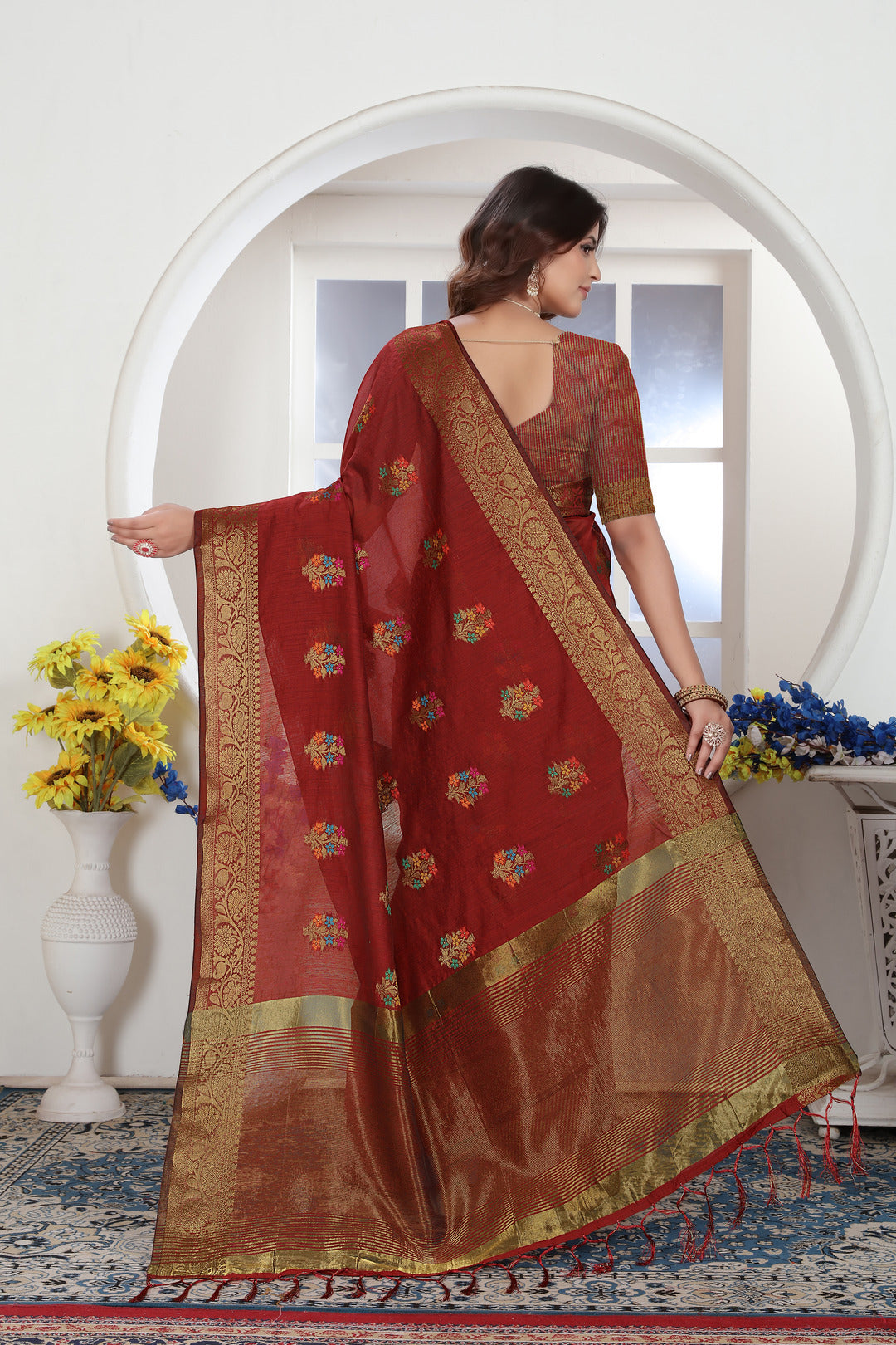 Dhiyona GR Women's Maroon Zari Woven Design Chanderi Cotton Saree