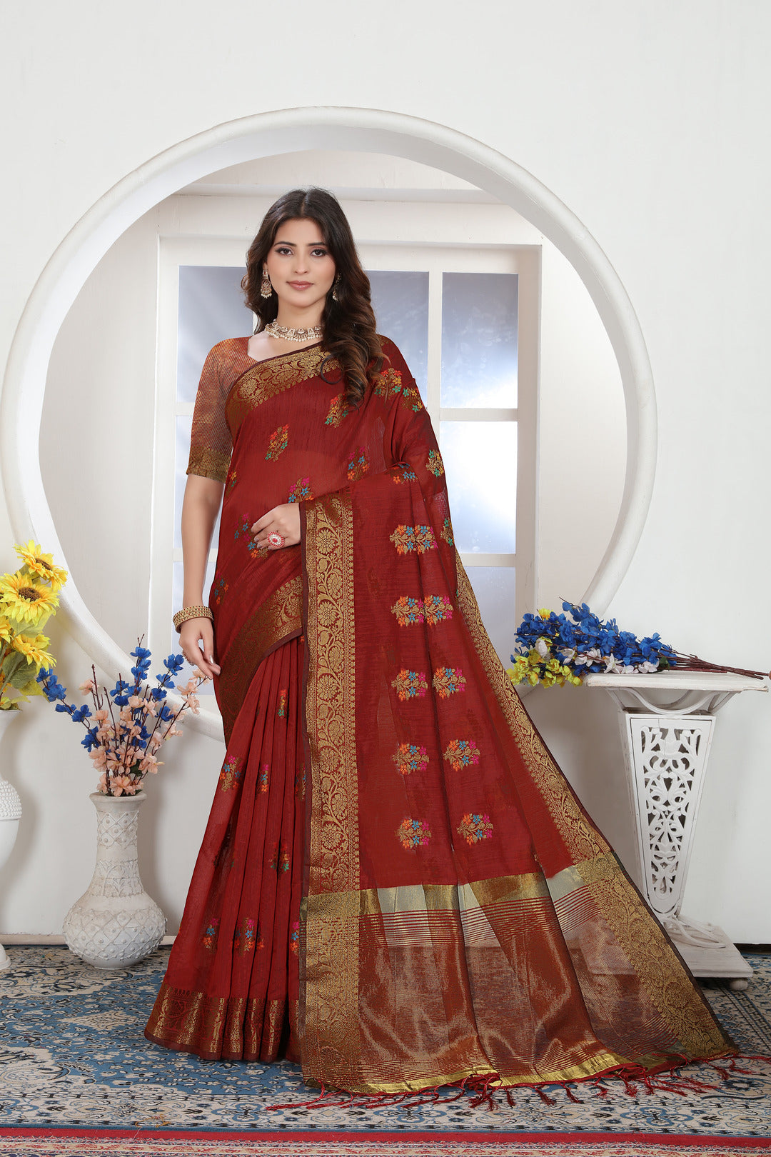 Dhiyona GR Women's Maroon Zari Woven Design Chanderi Cotton Saree