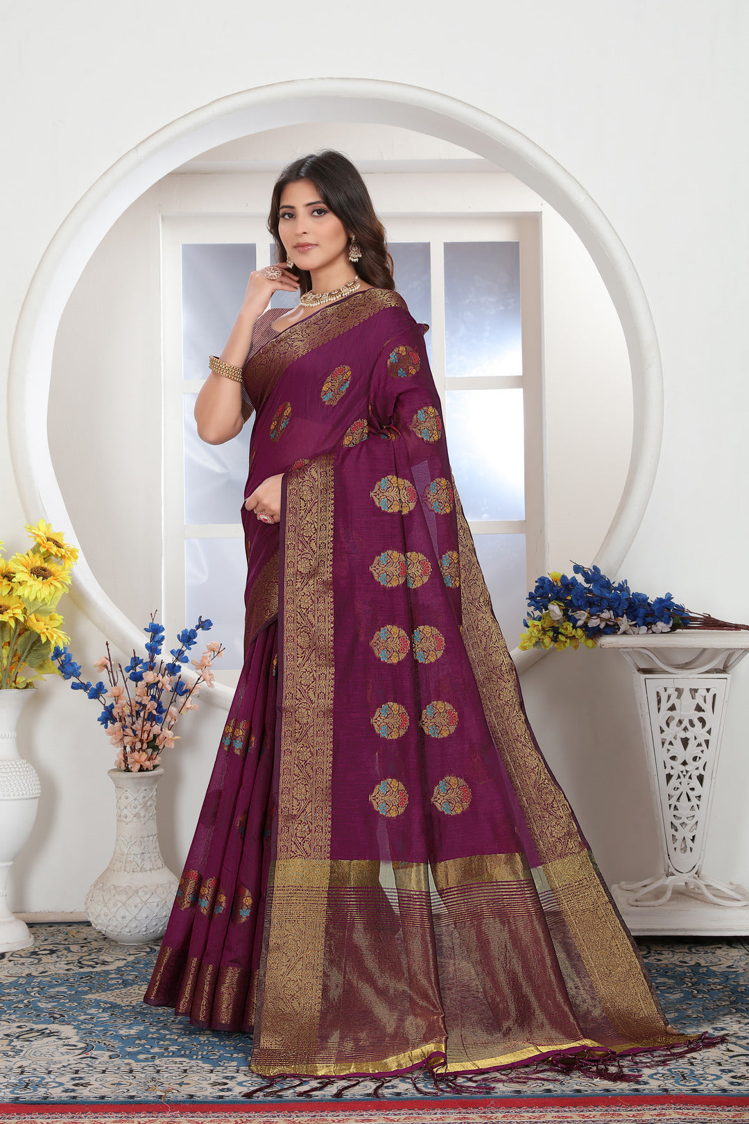 Dhiyona GR Women's Wine Zari Woven Design Chanderi Cotton Saree