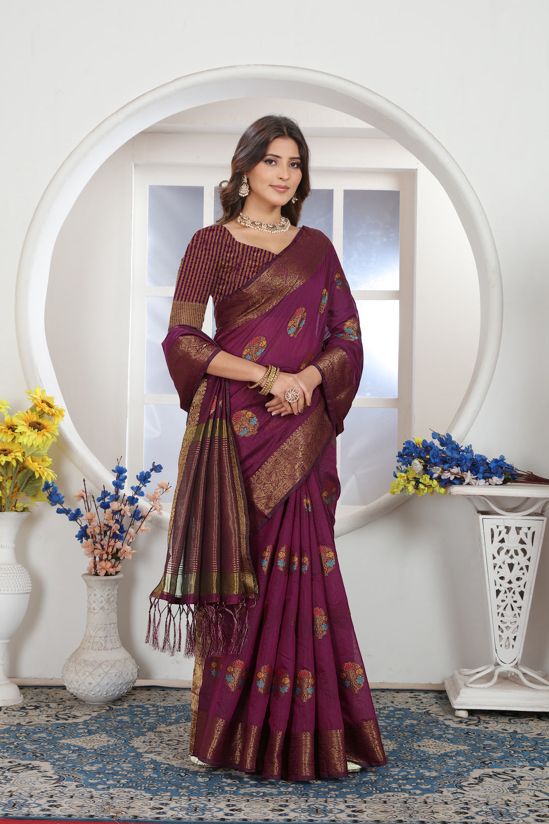 Dhiyona GR Women's Wine Zari Woven Design Chanderi Cotton Saree