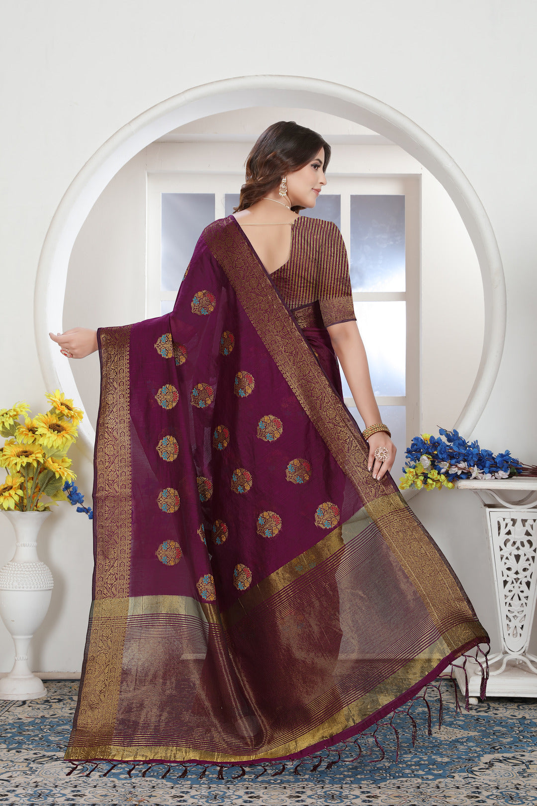 Dhiyona GR Women's Wine Zari Woven Design Chanderi Cotton Saree