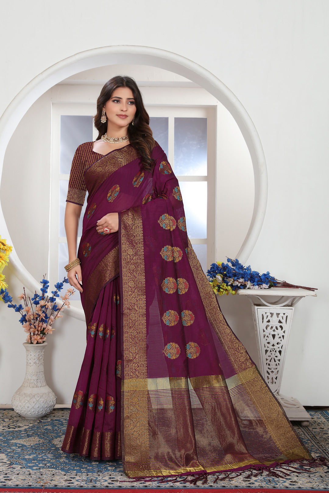 Dhiyona GR Women's Wine Zari Woven Design Chanderi Cotton Saree