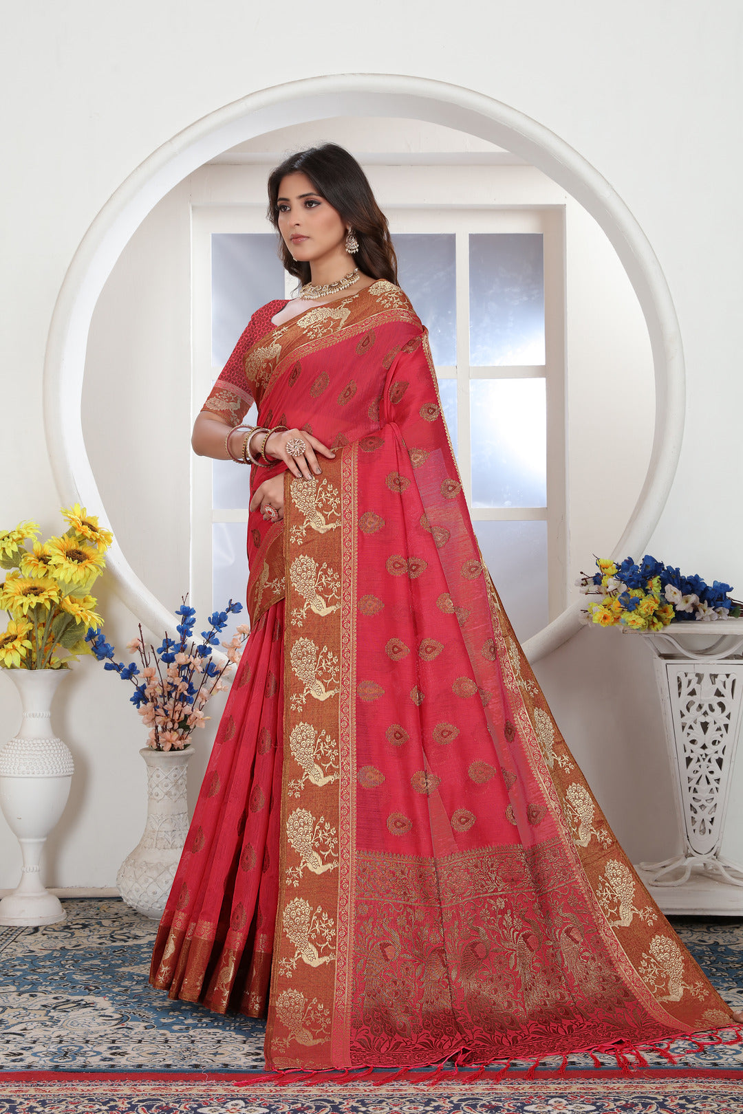 Dhiyona GR Women's Pink Zari Woven Design Chanderi Cotton Saree