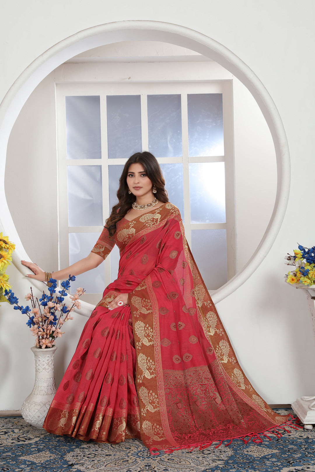Dhiyona GR Women's Pink Zari Woven Design Chanderi Cotton Saree