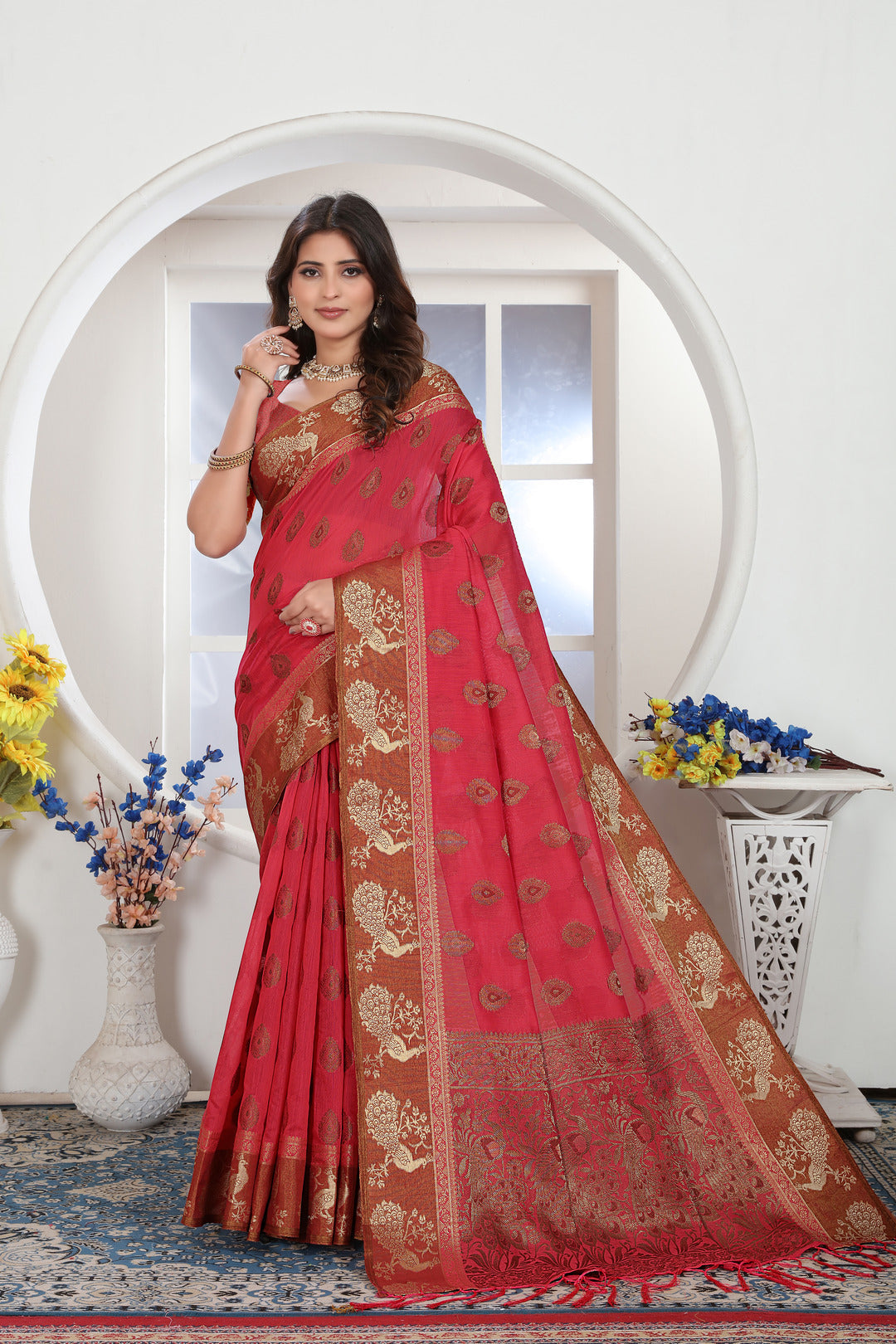 Dhiyona GR Women's Pink Zari Woven Design Chanderi Cotton Saree