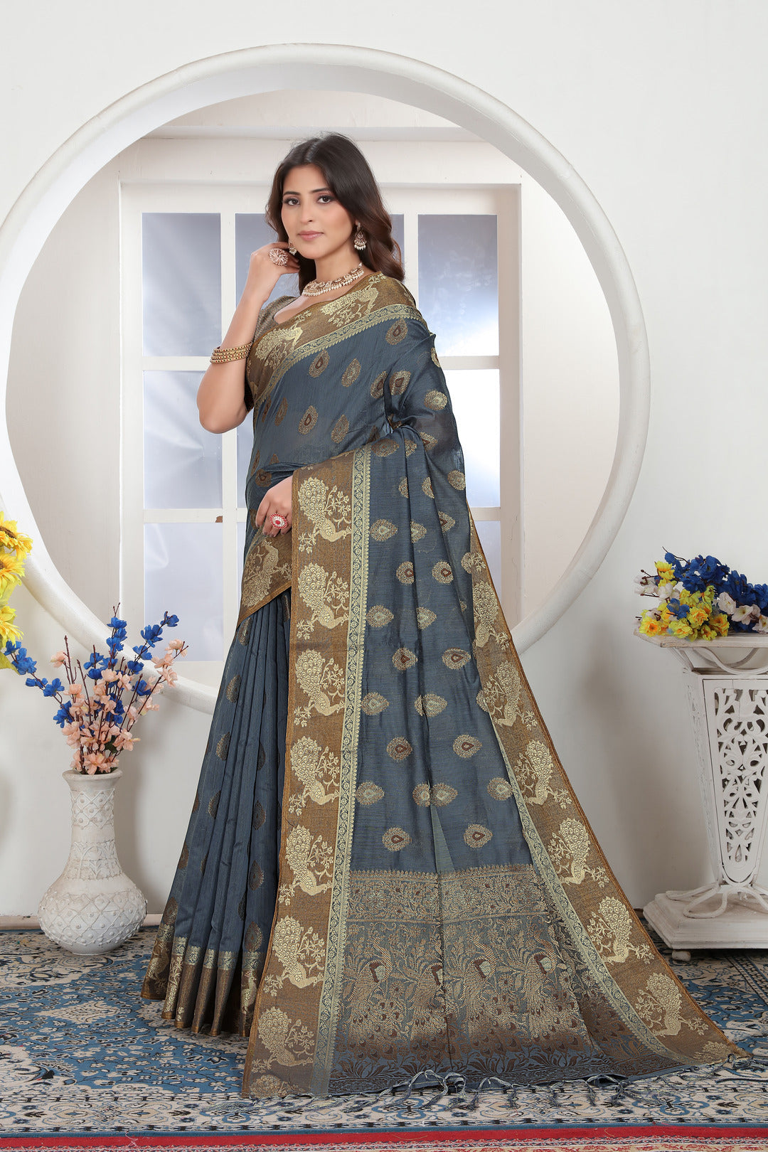 Dhiyona GR Women's Grey Zari Woven Design Chanderi Cotton Saree