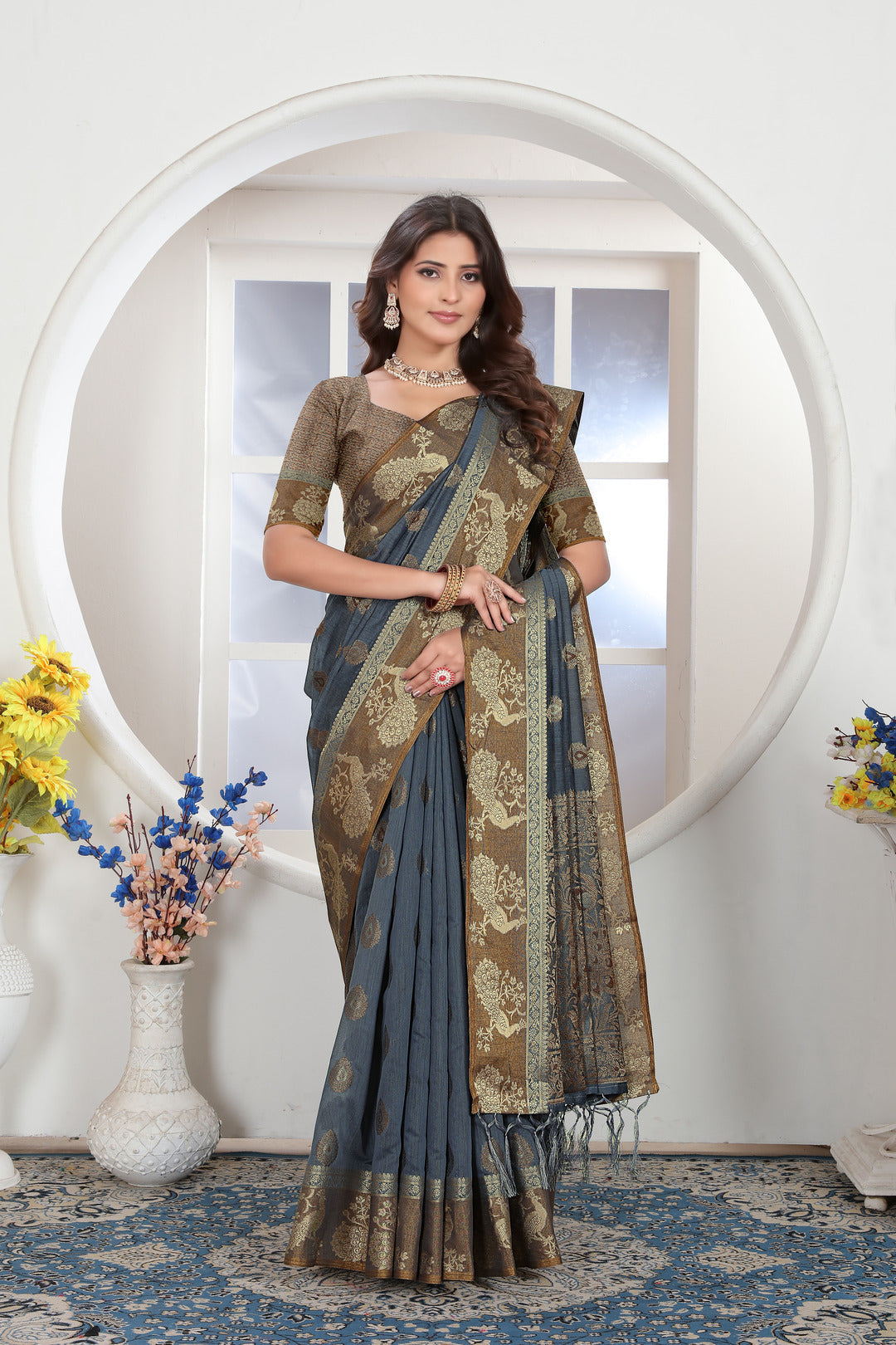 Dhiyona GR Women's Grey Zari Woven Design Chanderi Cotton Saree