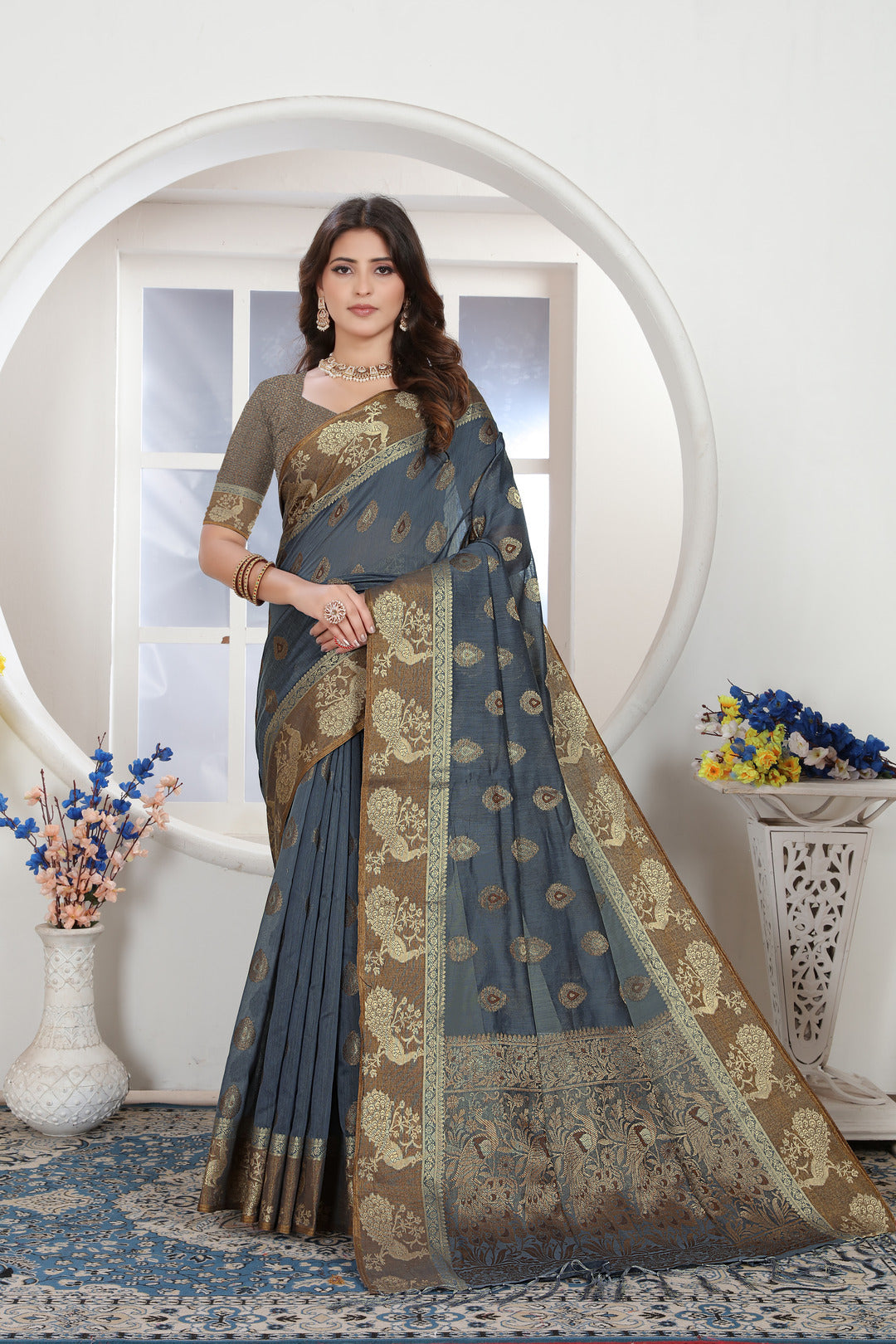 Dhiyona GR Women's Grey Zari Woven Design Chanderi Cotton Saree