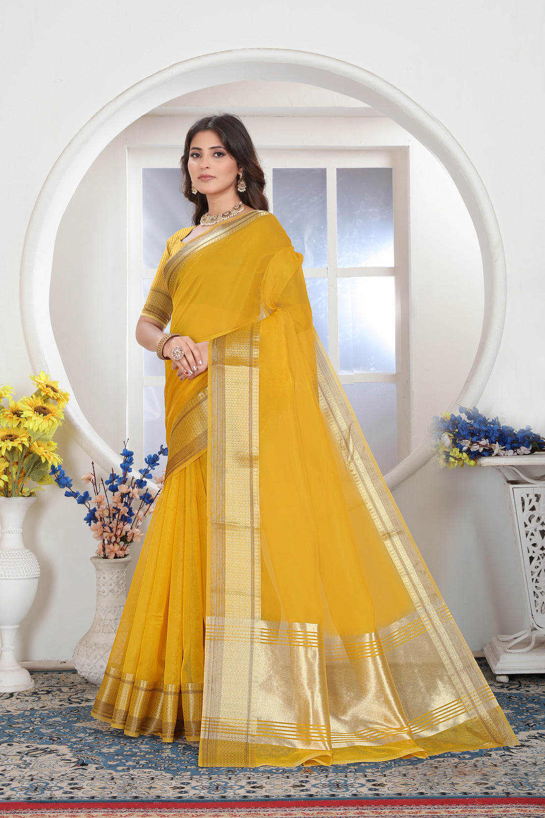 Dhiyona GR Women's Yellow Solid Zari Design Organza Saree