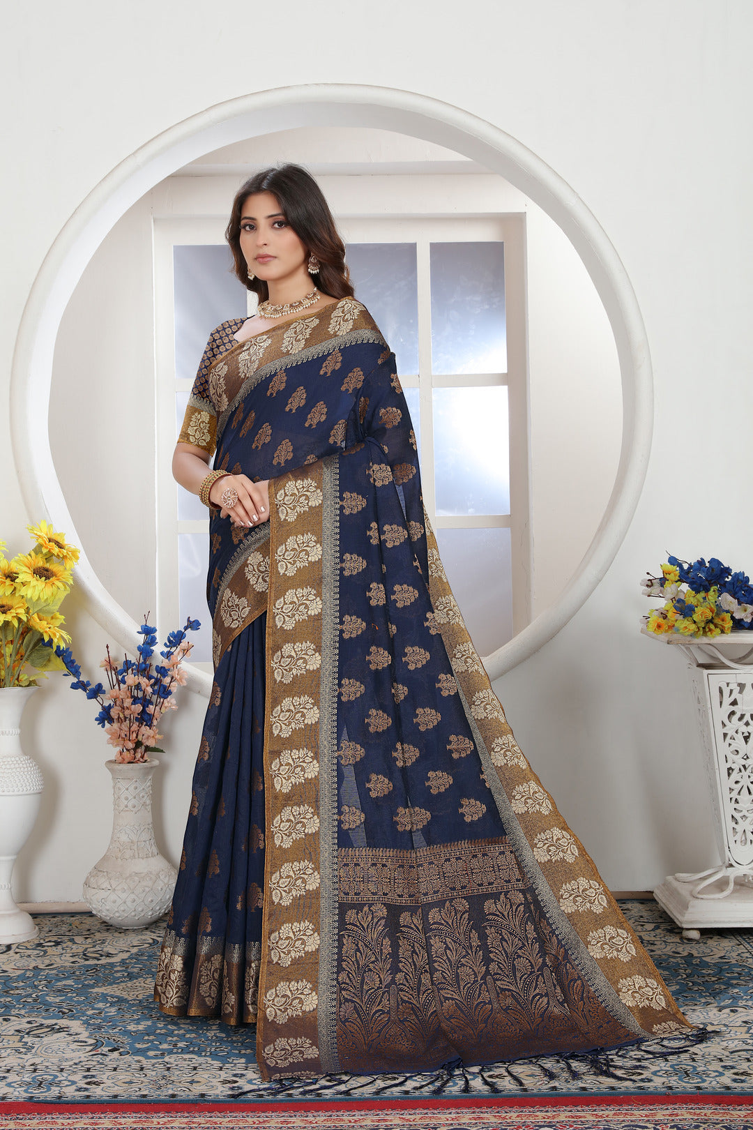 Dhiyona GR Women's Navy Blue Zari Woven Design Chanderi Cotton Saree