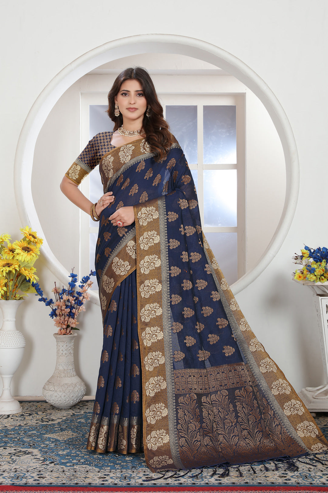 Dhiyona GR Women's Navy Blue Zari Woven Design Chanderi Cotton Saree