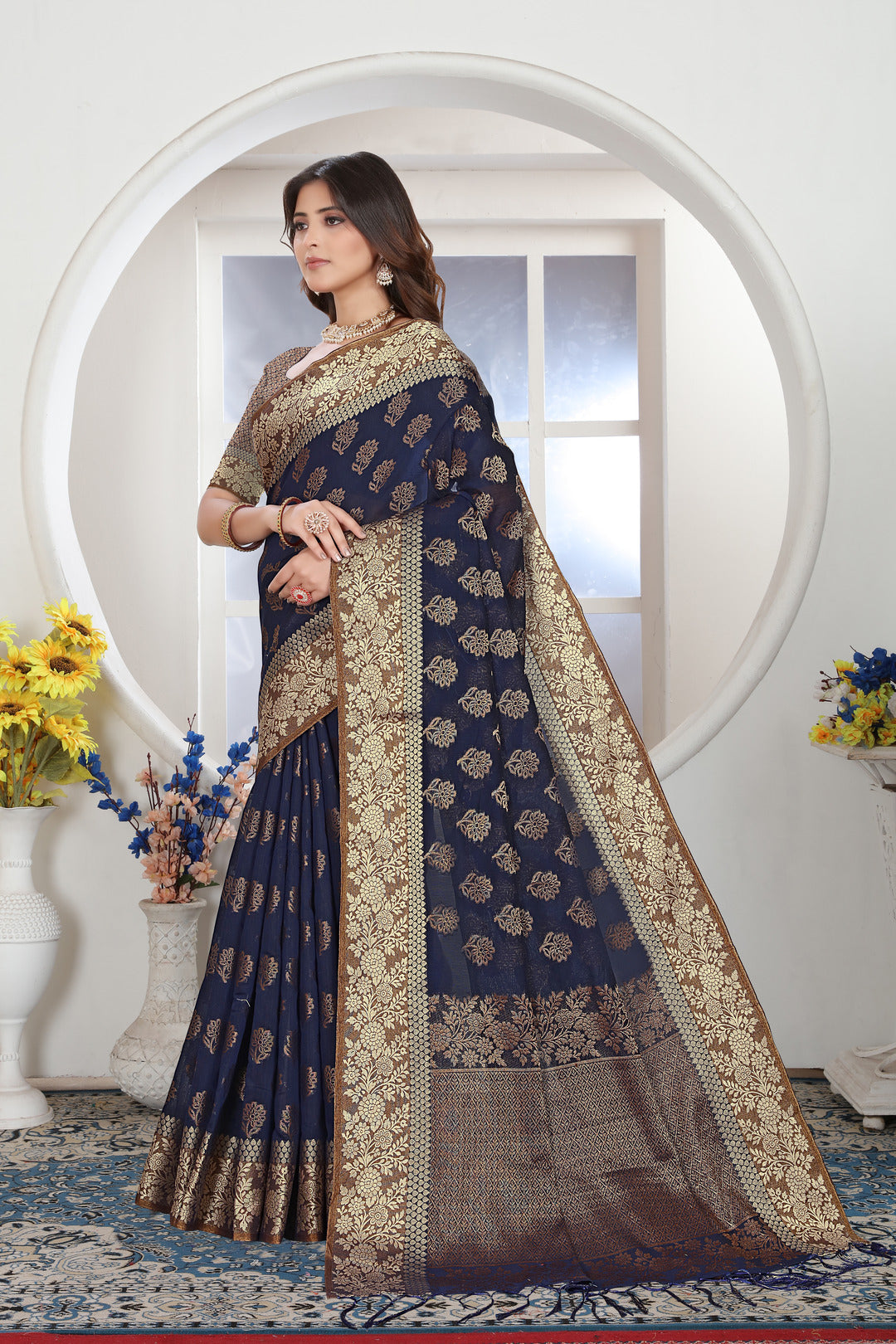 Dhiyona GR Women's Navy Blue Zari Woven Design Chanderi Cotton Saree