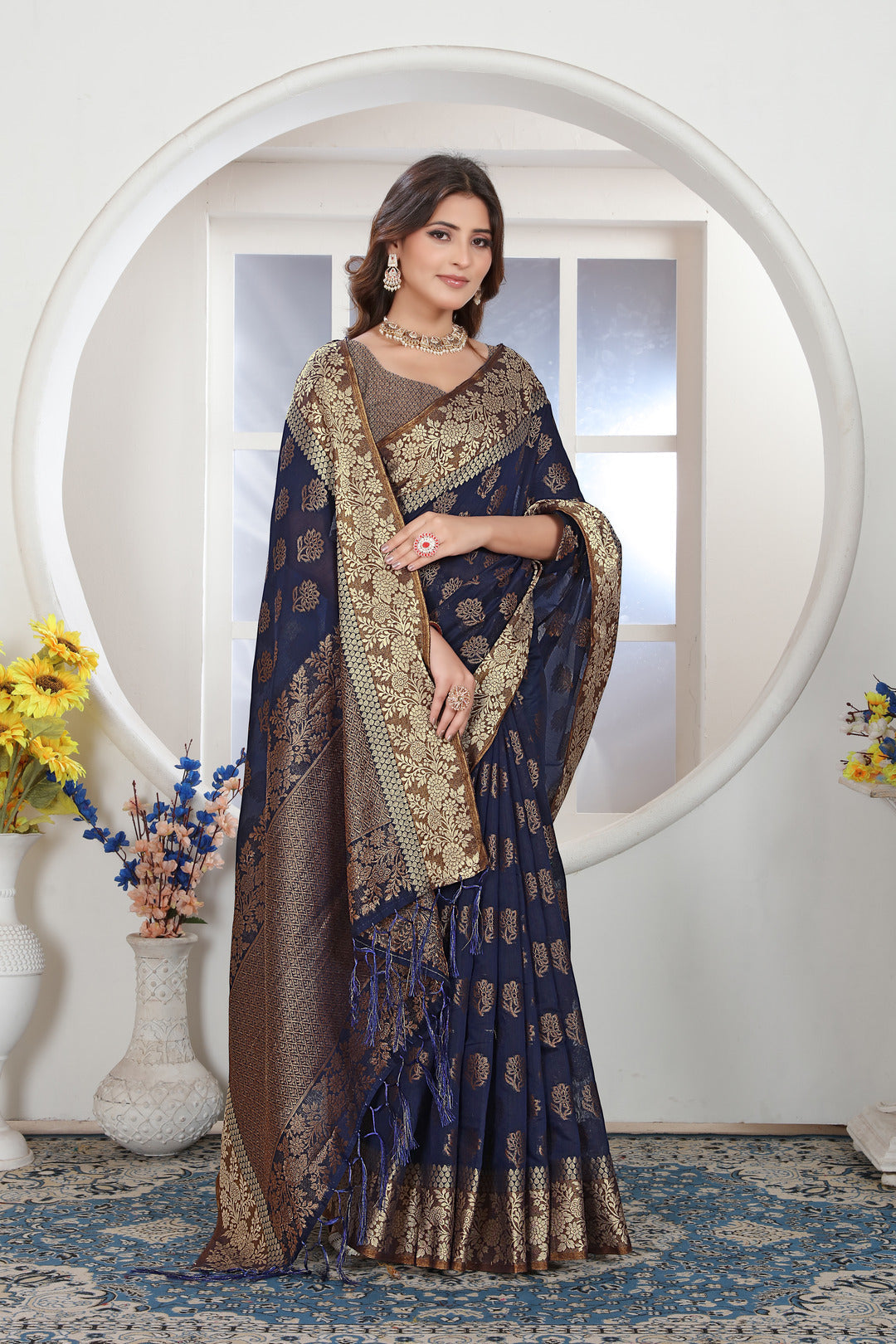 Dhiyona GR Women's Navy Blue Zari Woven Design Chanderi Cotton Saree