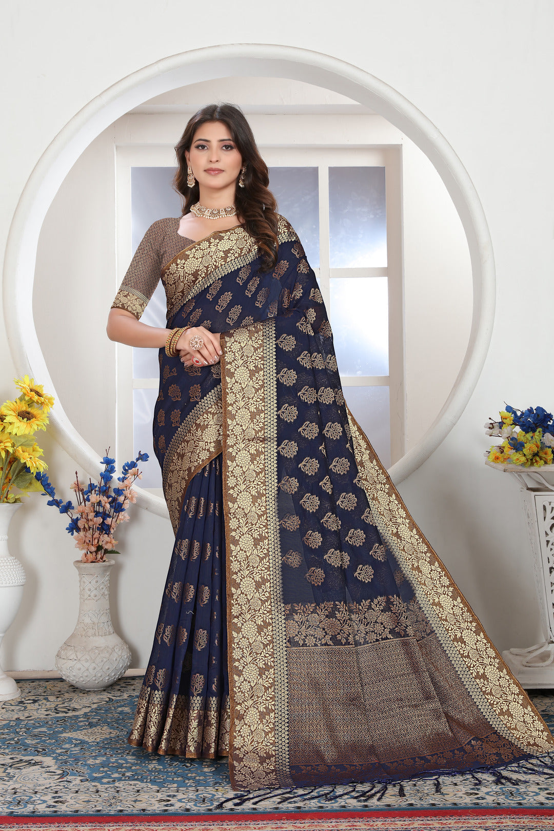 Dhiyona GR Women's Navy Blue Zari Woven Design Chanderi Cotton Saree