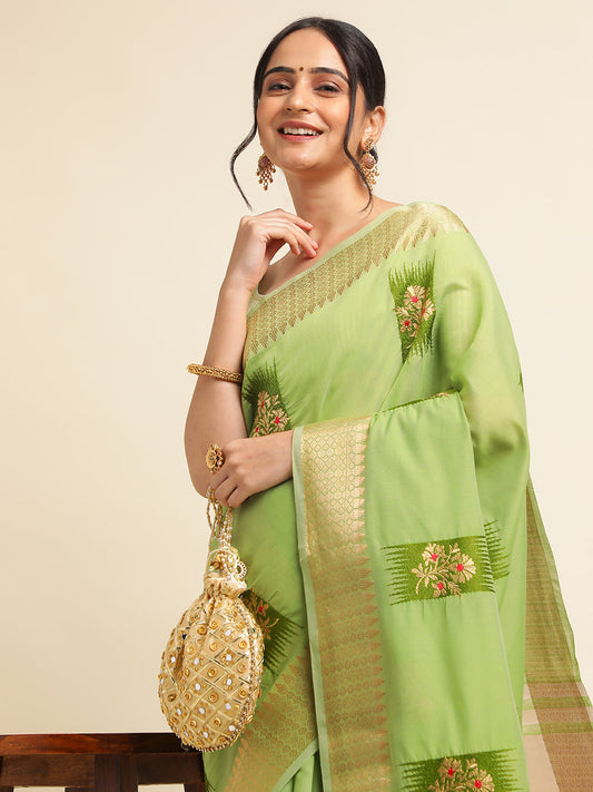 Dhiyona GR Women's Priya Pista Green Cotton Linen Saree