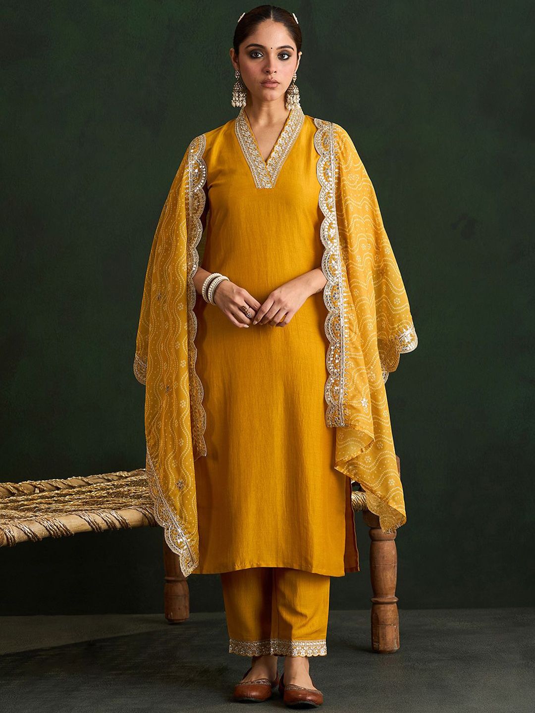 Dhiyona IE Mustard Yellow Floral Embroidered V-Neck Straight Kurta with Trousers & Dupatta