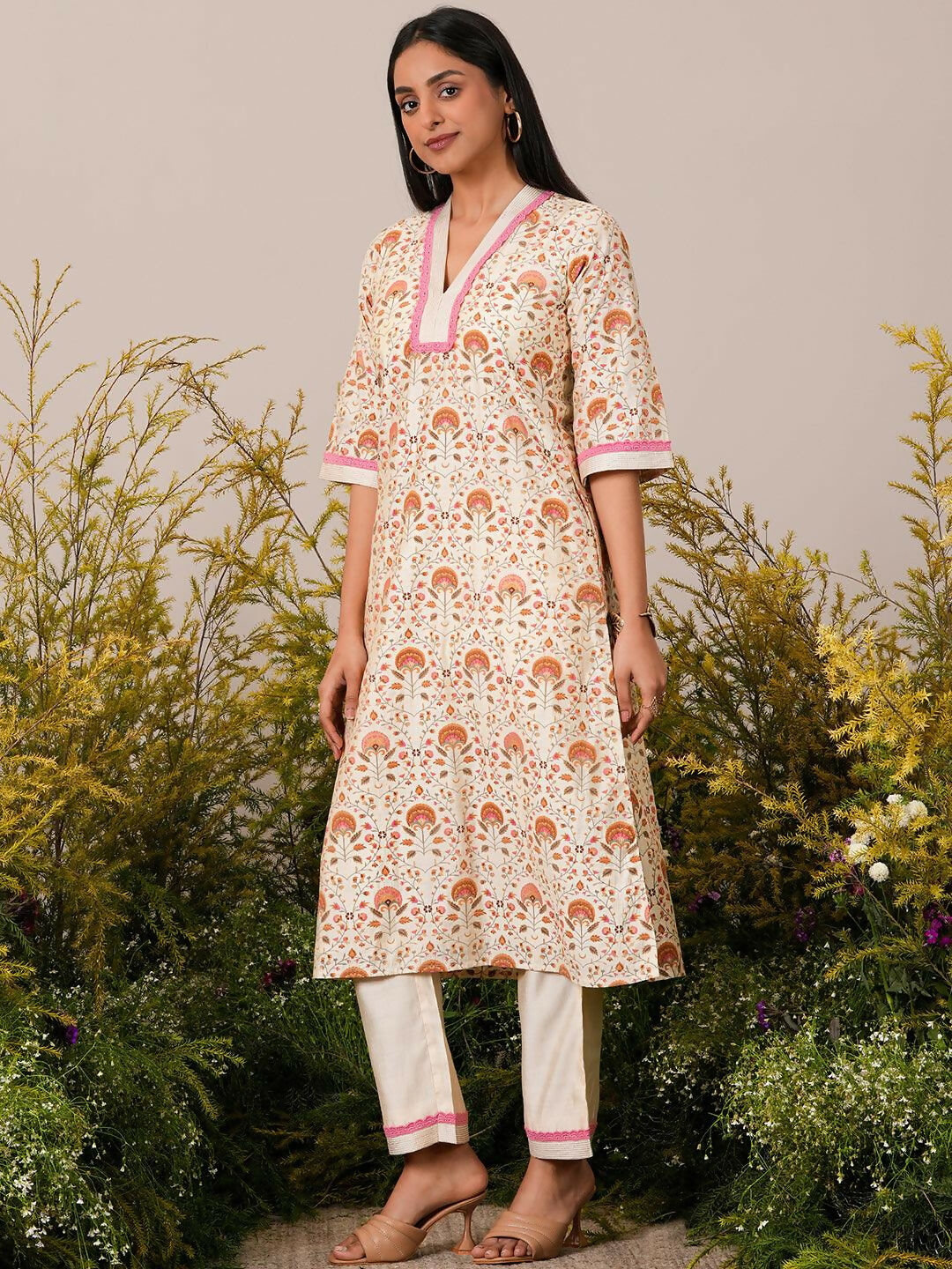 Women's LB Beige Printed Chanderi Silk A-Line Kurta With Palazzos