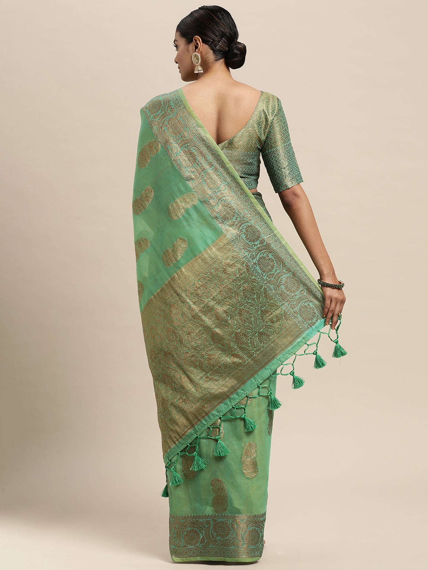 Women's Silk Blend Green Woven Design Designer Saree With Blouse Piece