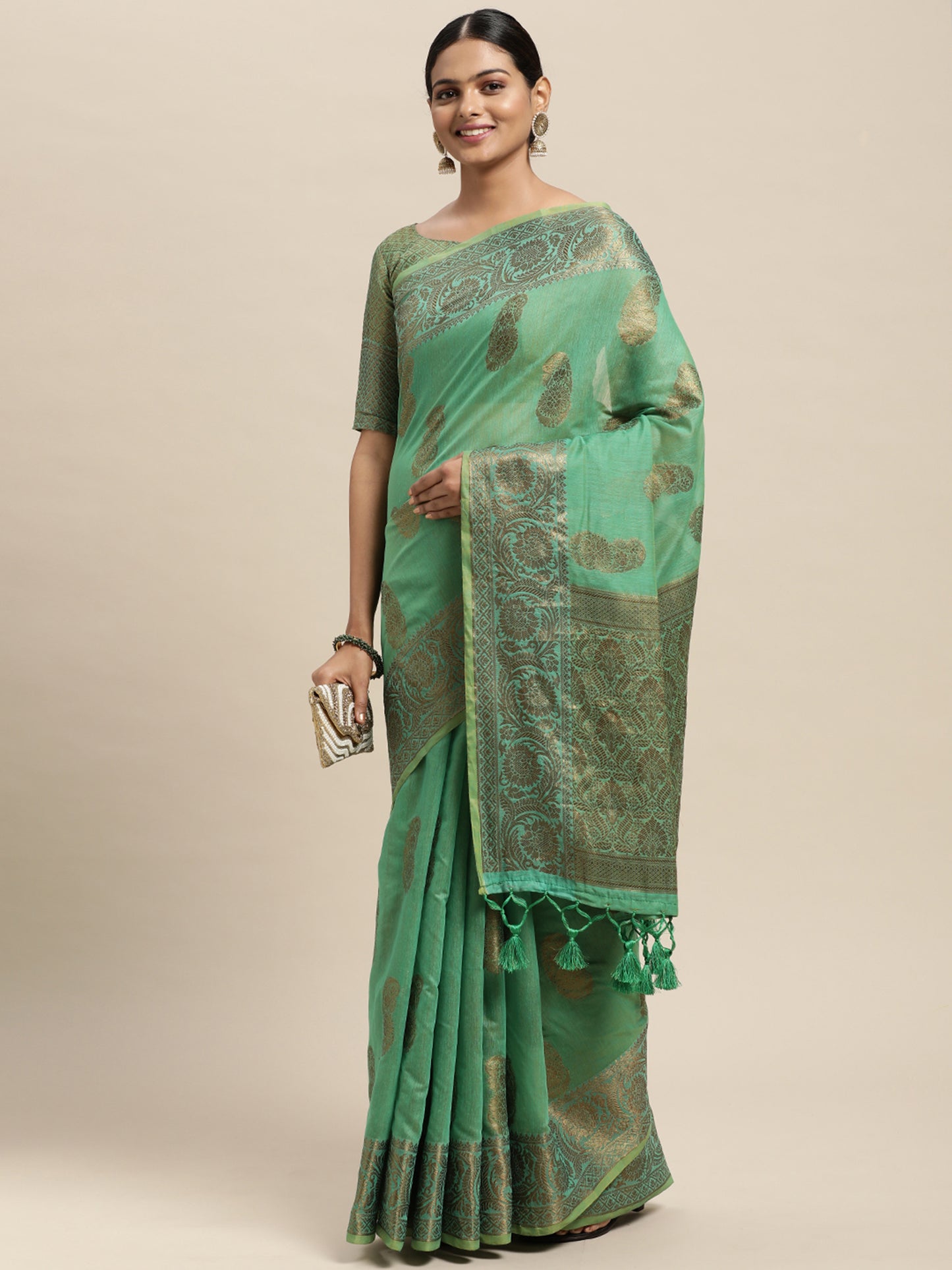 Women's Silk Blend Green Woven Design Designer Saree With Blouse Piece