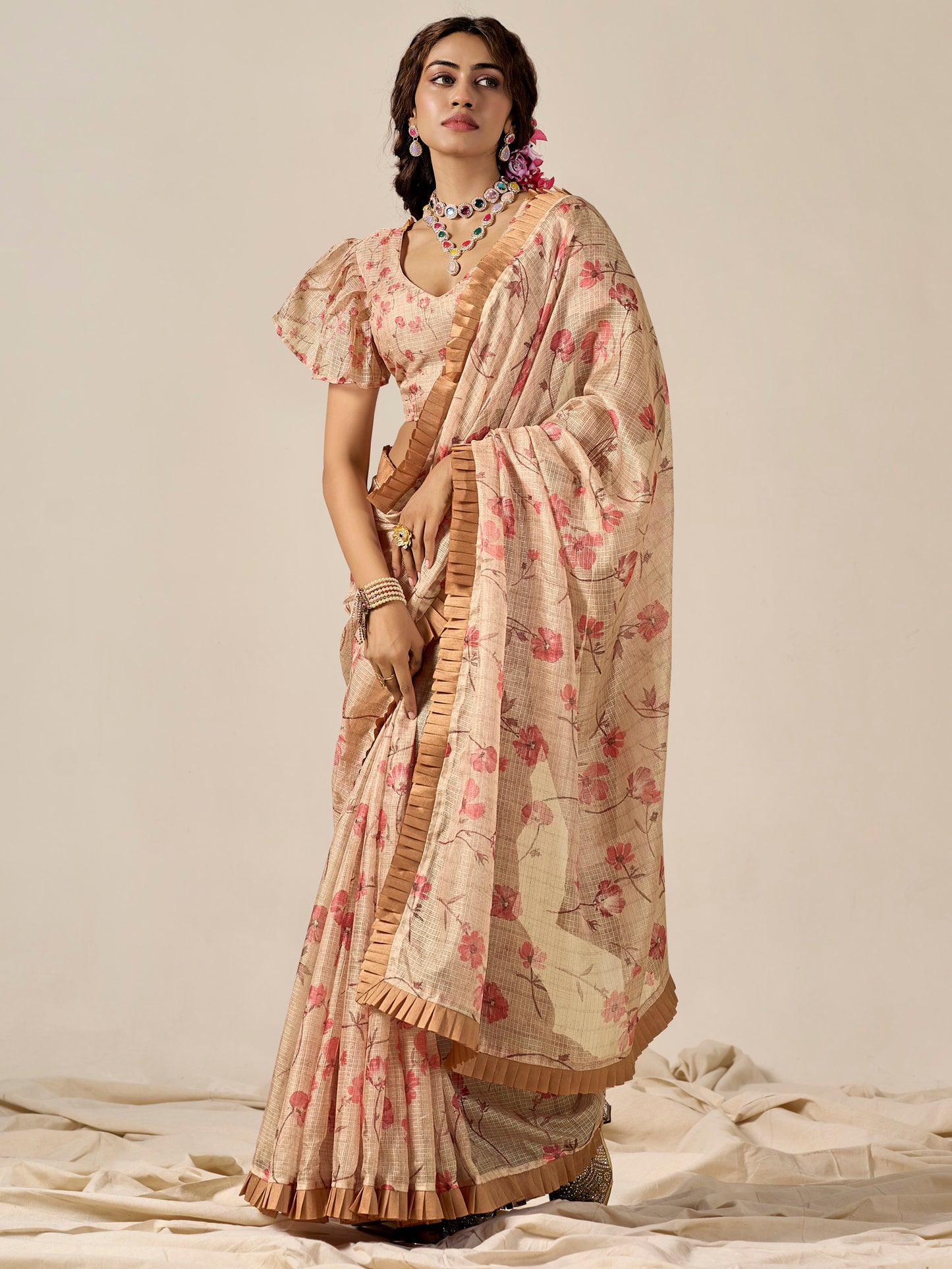 Women's Kota Doria Cotton Cream Printed Designer Saree With Blouse Piece
