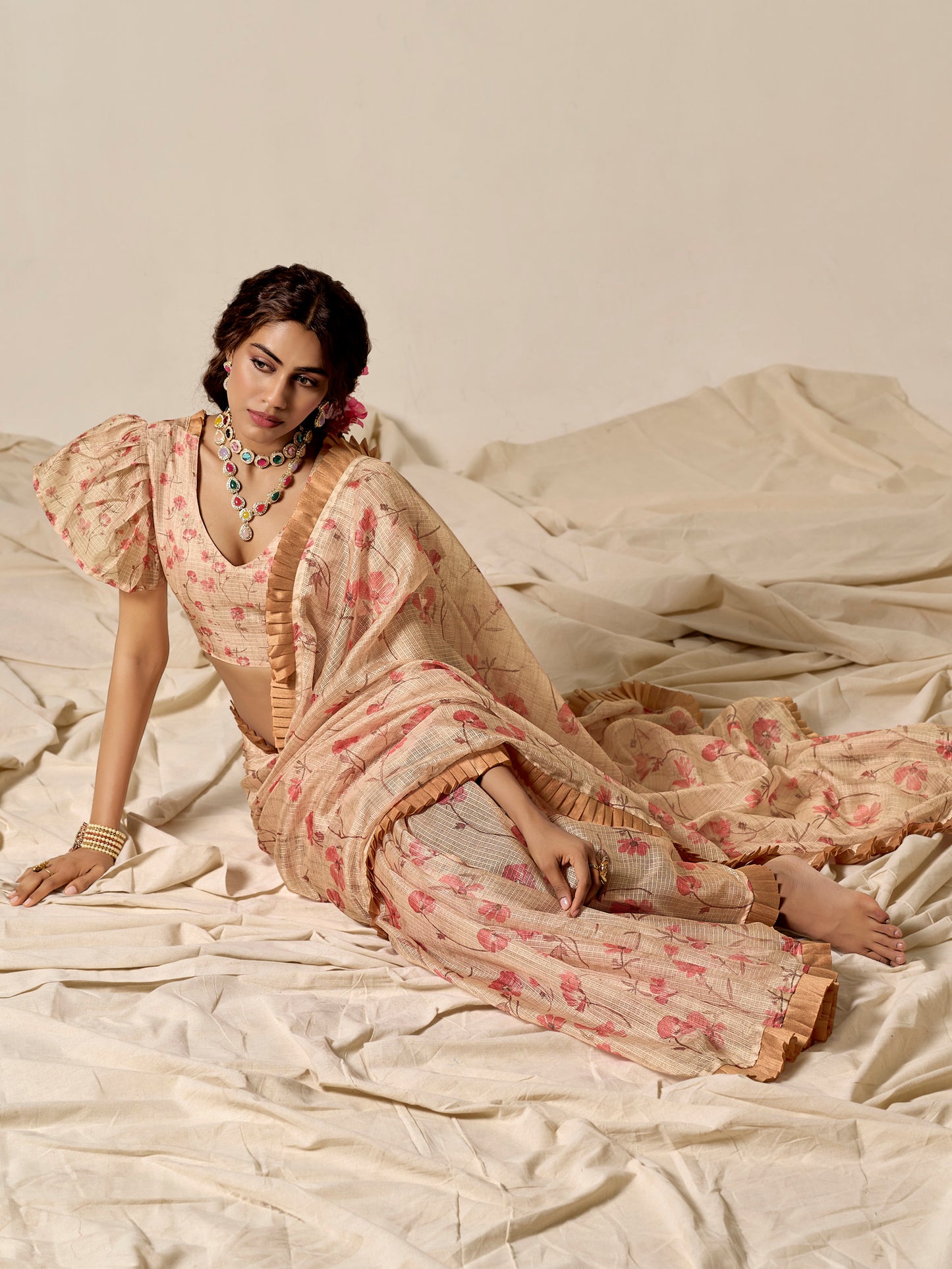 Women's Kota Doria Cotton Cream Printed Designer Saree With Blouse Piece