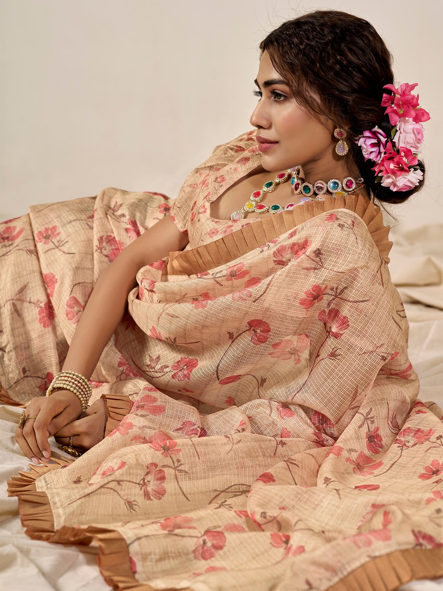 Women's Kota Doria Cotton Cream Printed Designer Saree With Blouse Piece