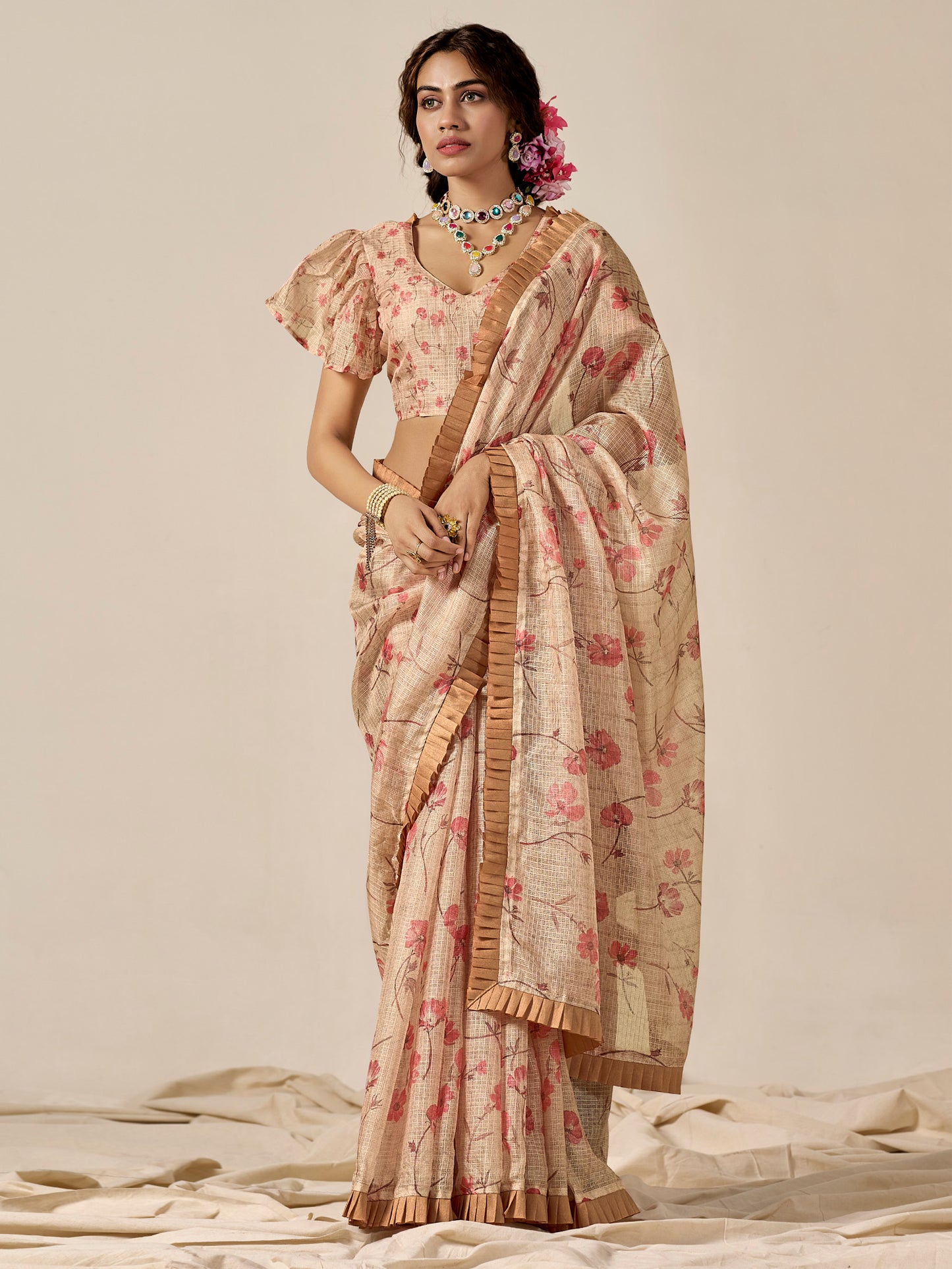 Women's Kota Doria Cotton Cream Printed Designer Saree With Blouse Piece