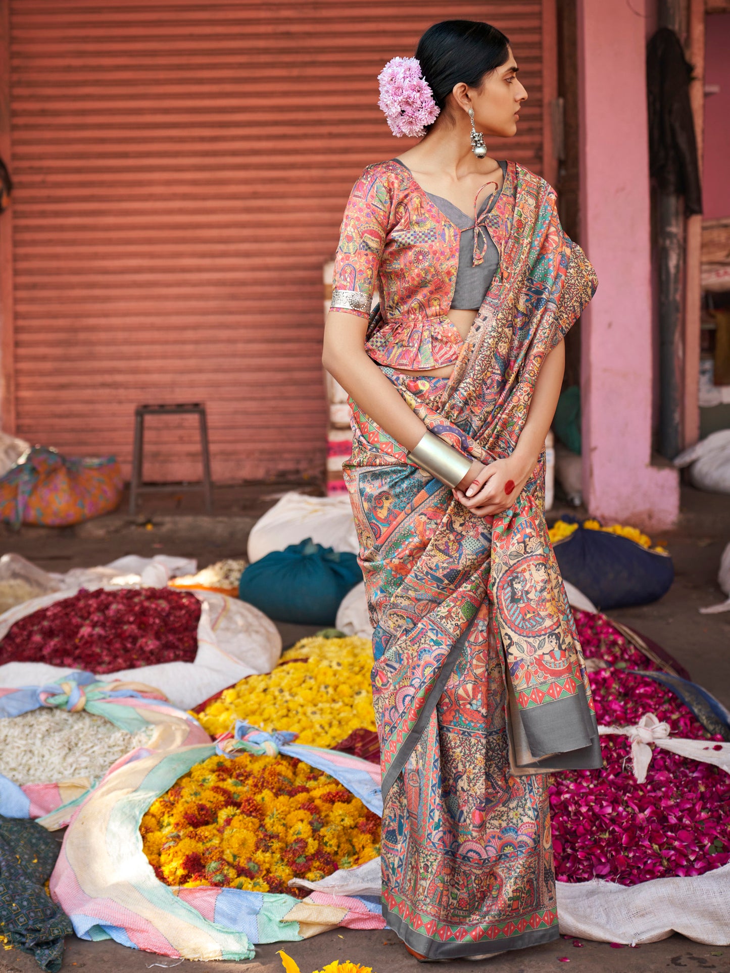Women's Silk Blend Beige Printed Designer Saree With Blouse Piece