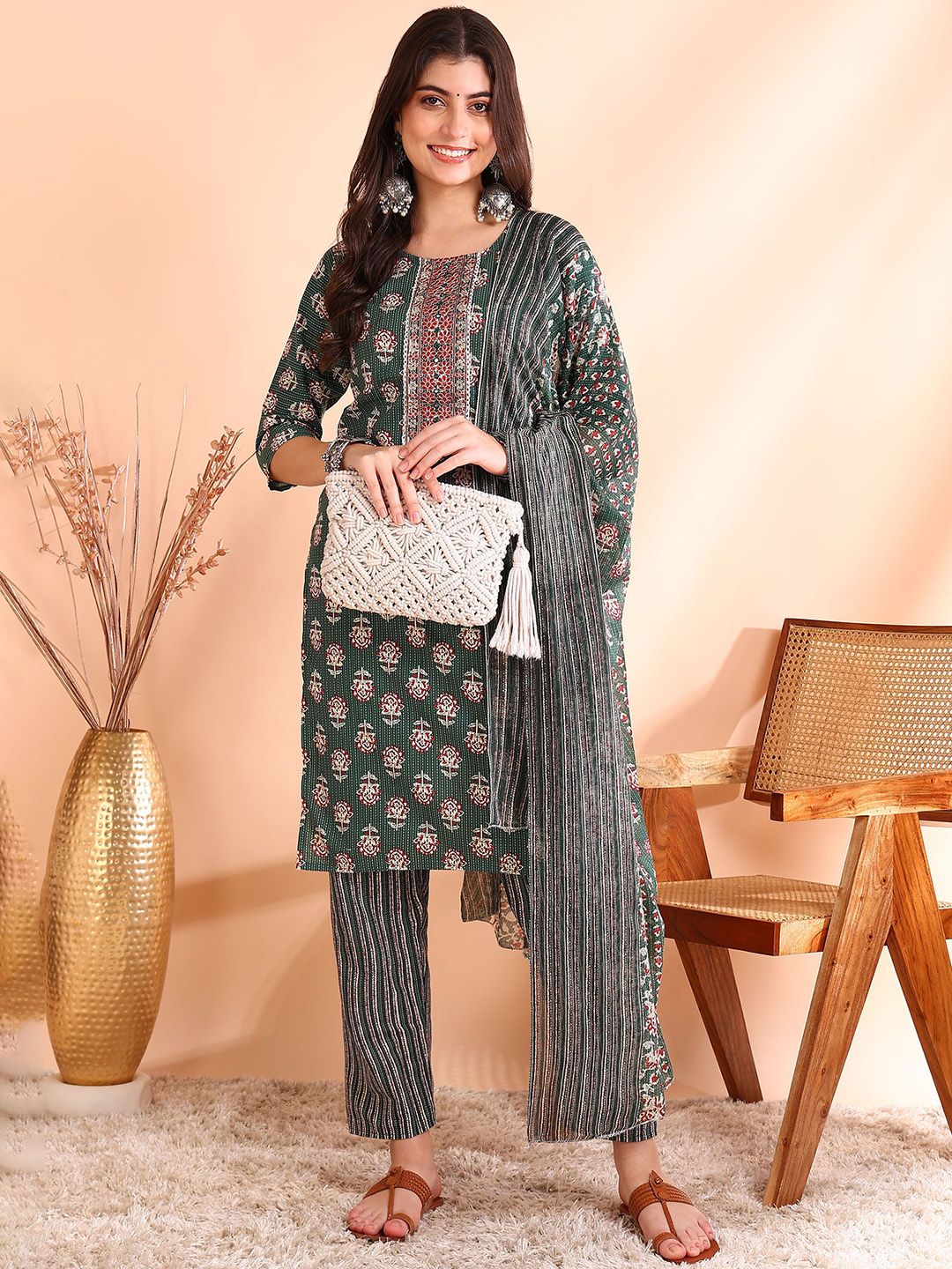 Dhiyona OD Printed Mirror Work Pure Cotton Kurta With Trousers & Dupatta