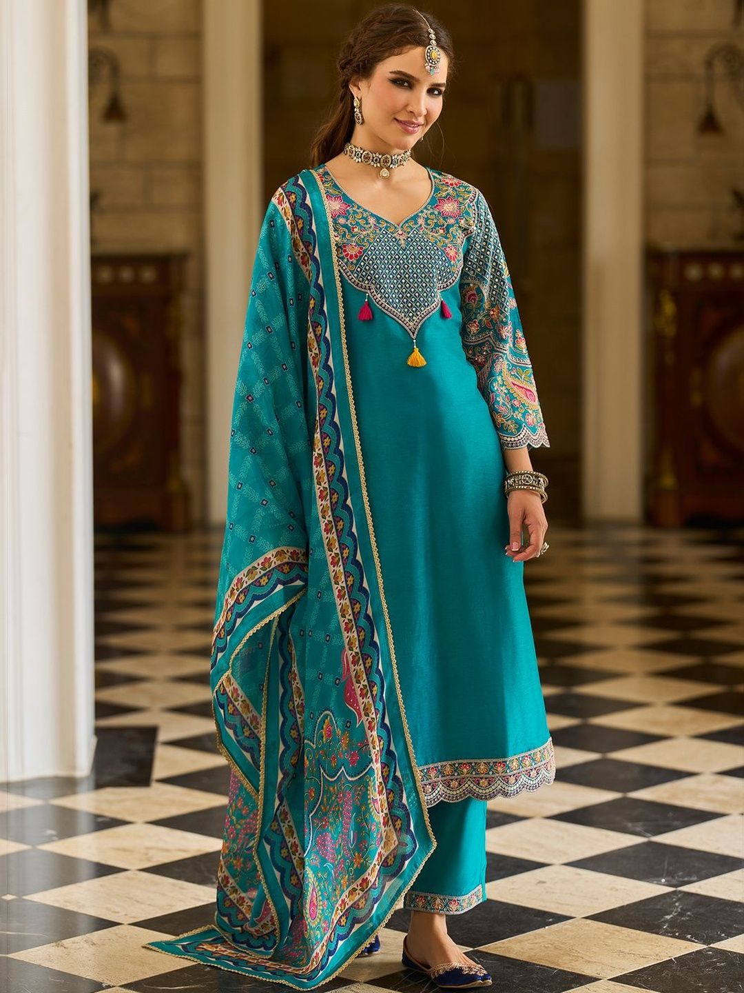 Ethnic Motifs Printed V-Neck Thread Work Kurta With Trousers & Dupatta