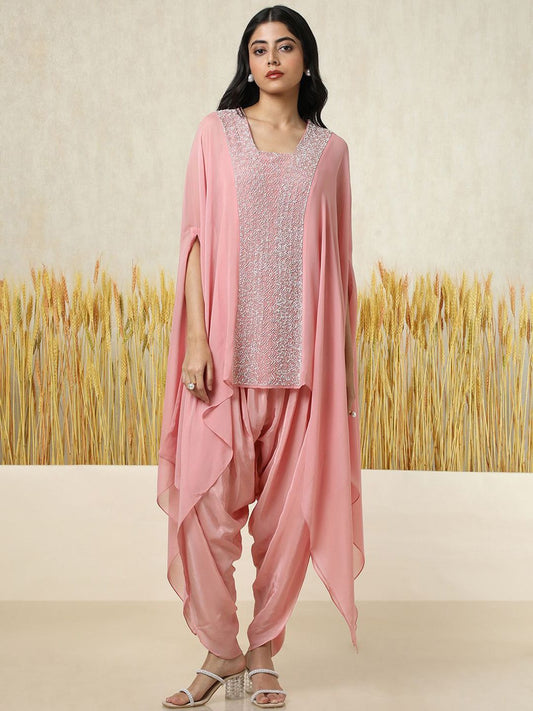 Dhiyona SO Women's Chevron Embroidered Square Neck Georgette Layered A-Line Kurti With Dhoti Pants