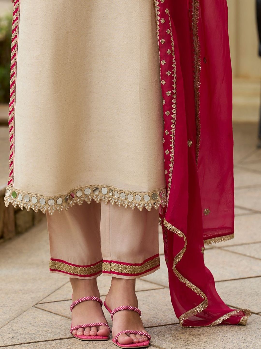 Ethnic Motifs Embroidered V-Neck Mirror Work Kurta With Trousers & Dupatta