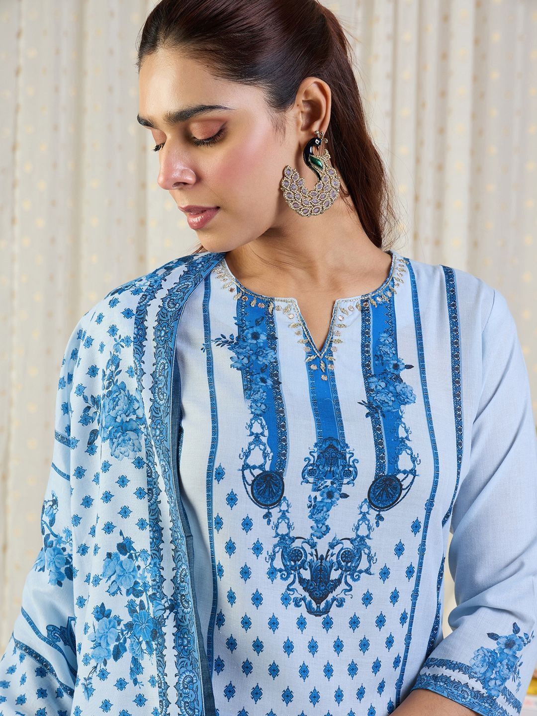 Women Ethnic Motifs Printed Regular Beads and Stones Pure Cotton Kurta with Trousers & With Dupatta