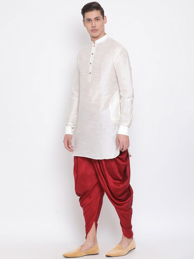 Men's Cream Silk Blend Pathani Kurta and Dhoti Set