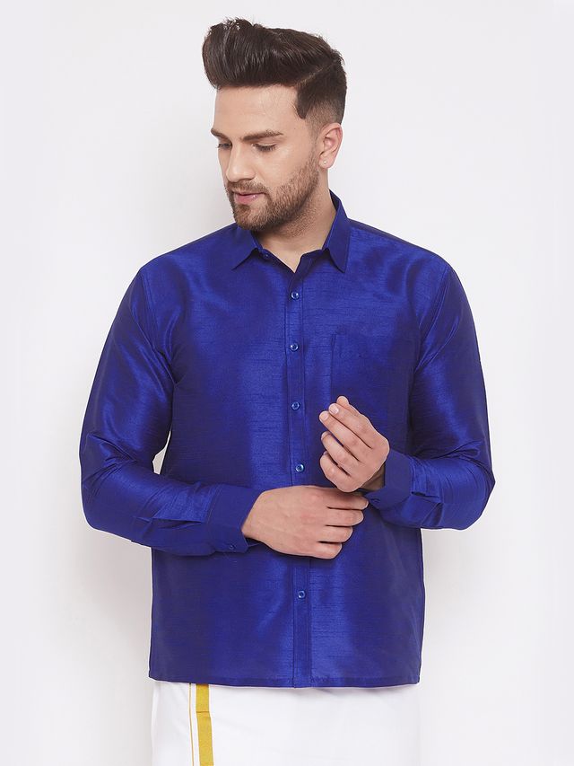 Men's Blue Silk Blend Straight Shirt And Mundu