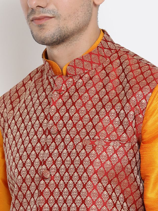Men's Orange Silk Blend Straight Jacket Kurta and Dhoti Set