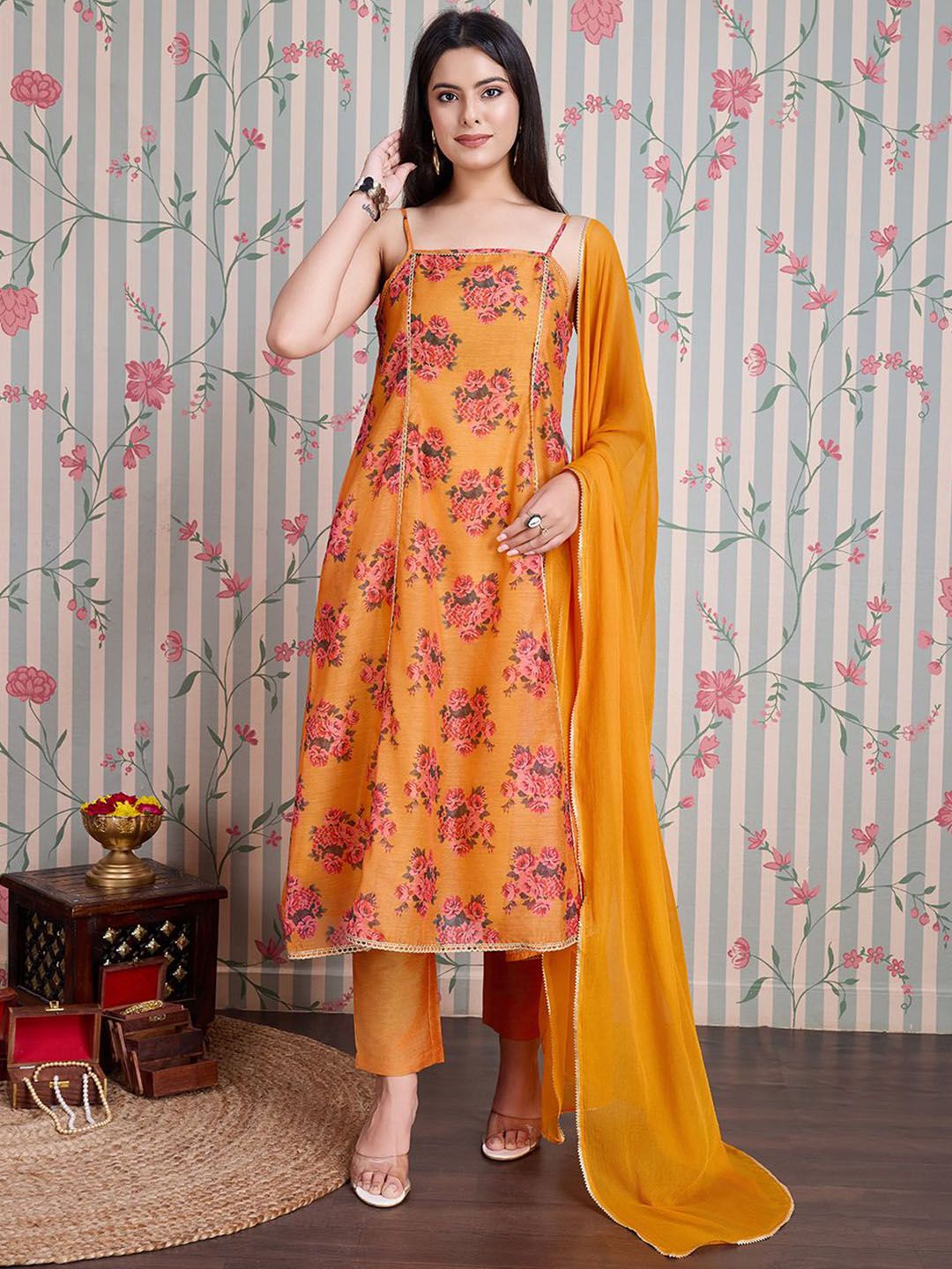 Dhiyona OD Printed Pure Cotton Anarkali Kurta with Trousers & With Dupatta