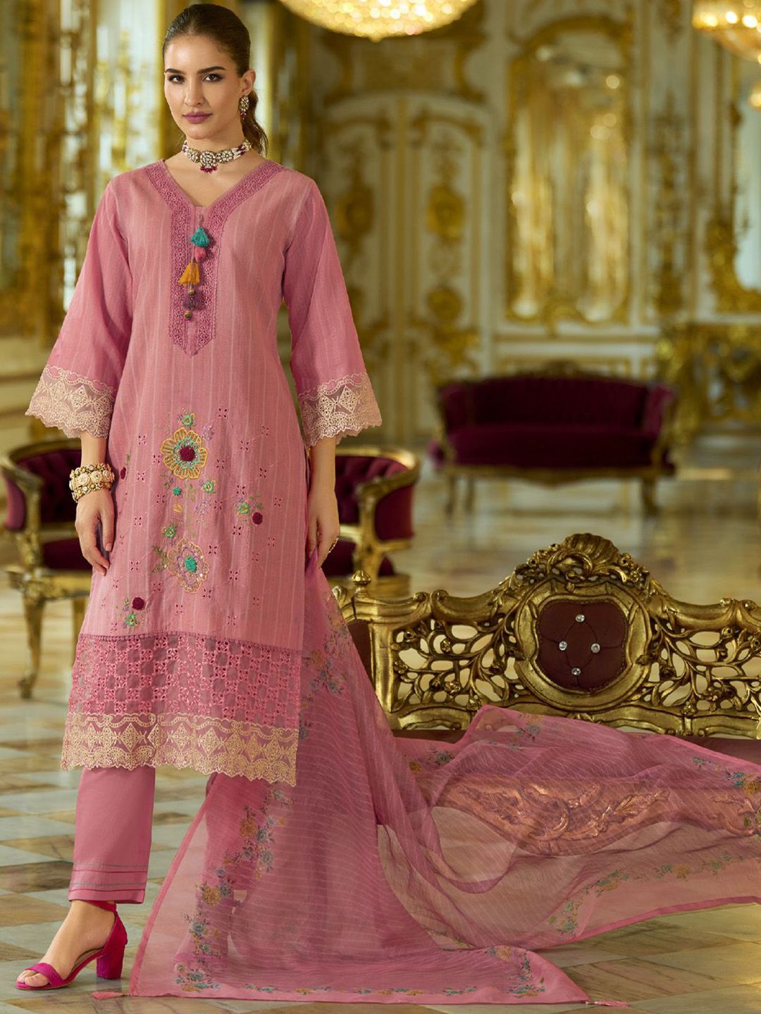 Dhiyona VA Women's Floral Embroidered Cotton Kurta with Trouser & Dupatta